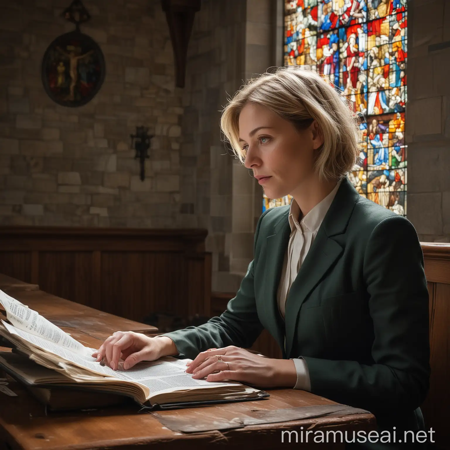 Professional Woman in Gray Suit Resting in Church Office Amidst Stained Glass Glow