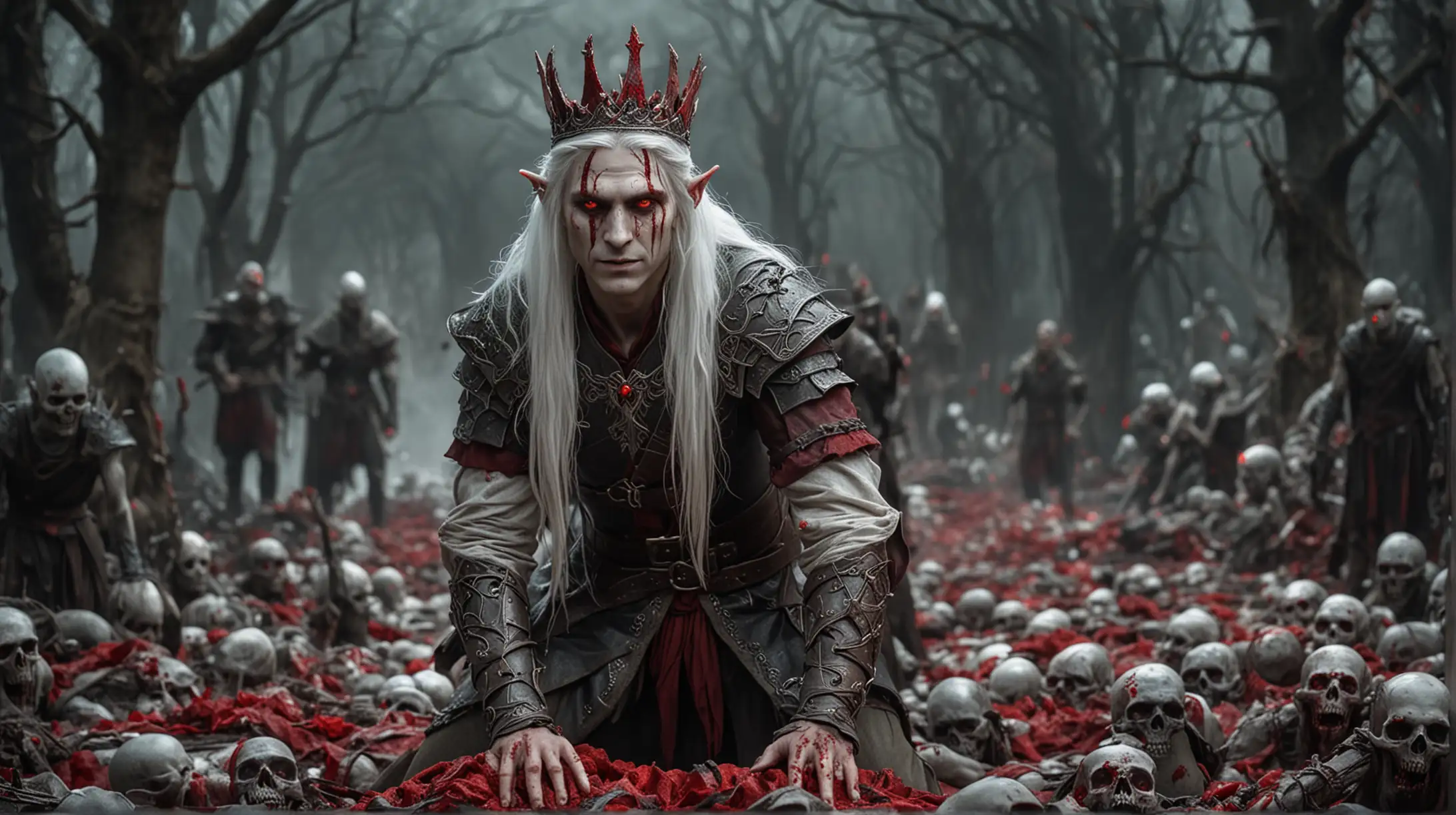 Menacing Elf King Standing on Pile of Corpses with Blood Red Crown