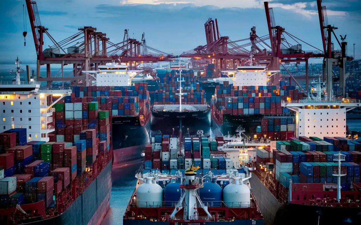 Evening Traffic Jam Massive Cargo Ships Stuck with Cargo and Gas