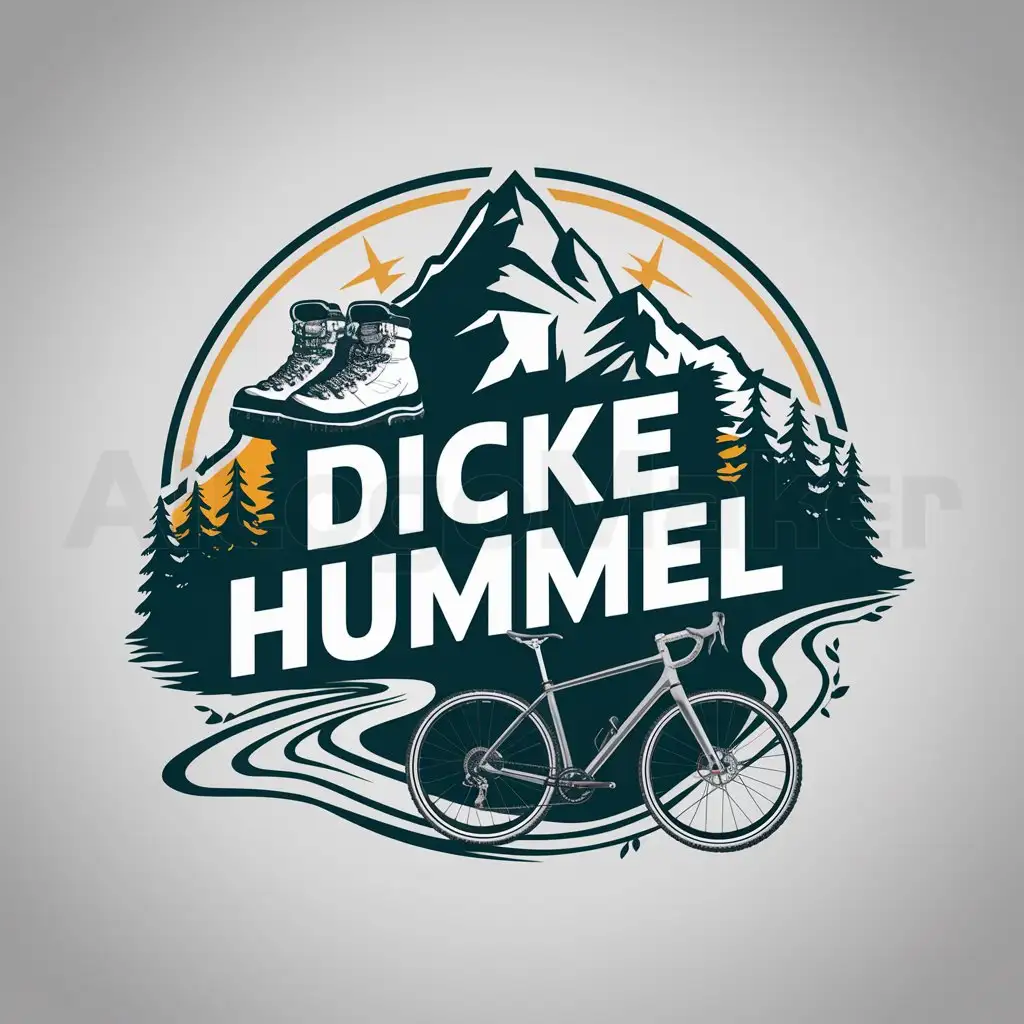 a logo design,with the text "Dicke Hummel", main symbol:hiking boots, a gravelbike, a mountain, a river, a forest and sunlight in a circle,Moderate,clear background