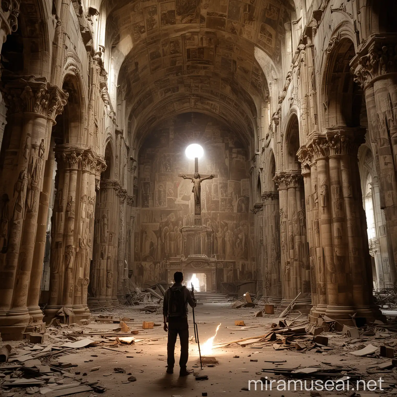 Researcher Exploring Giant Ruins with Torch and Statue of Jesus