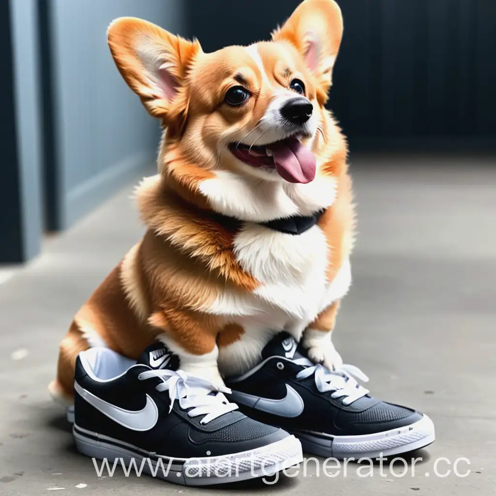 Собака корги сидит в кроссовке Nike