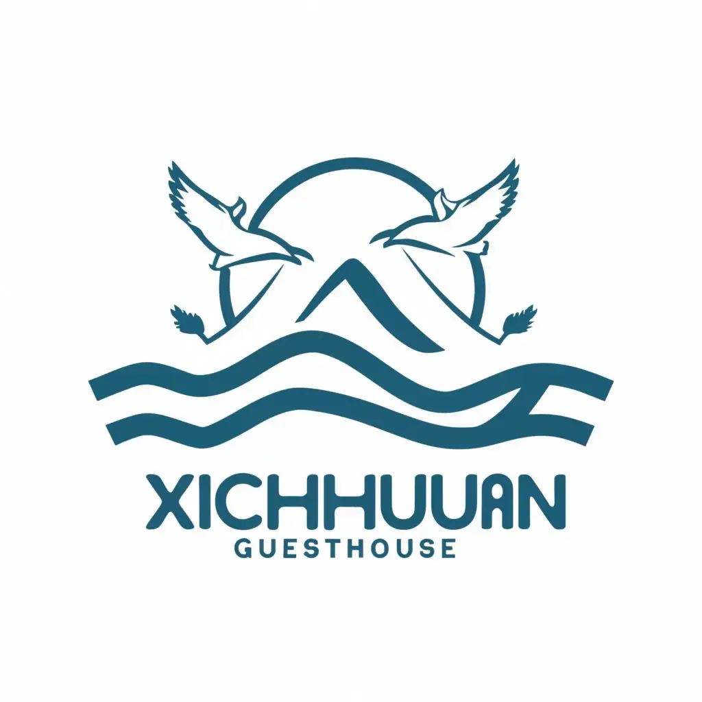 a logo design,with the text "Xichuan Guesthouse", main symbol:Sea waves  Seagulls  Mountain,Minimalistic,be used in Travel industry,clear background