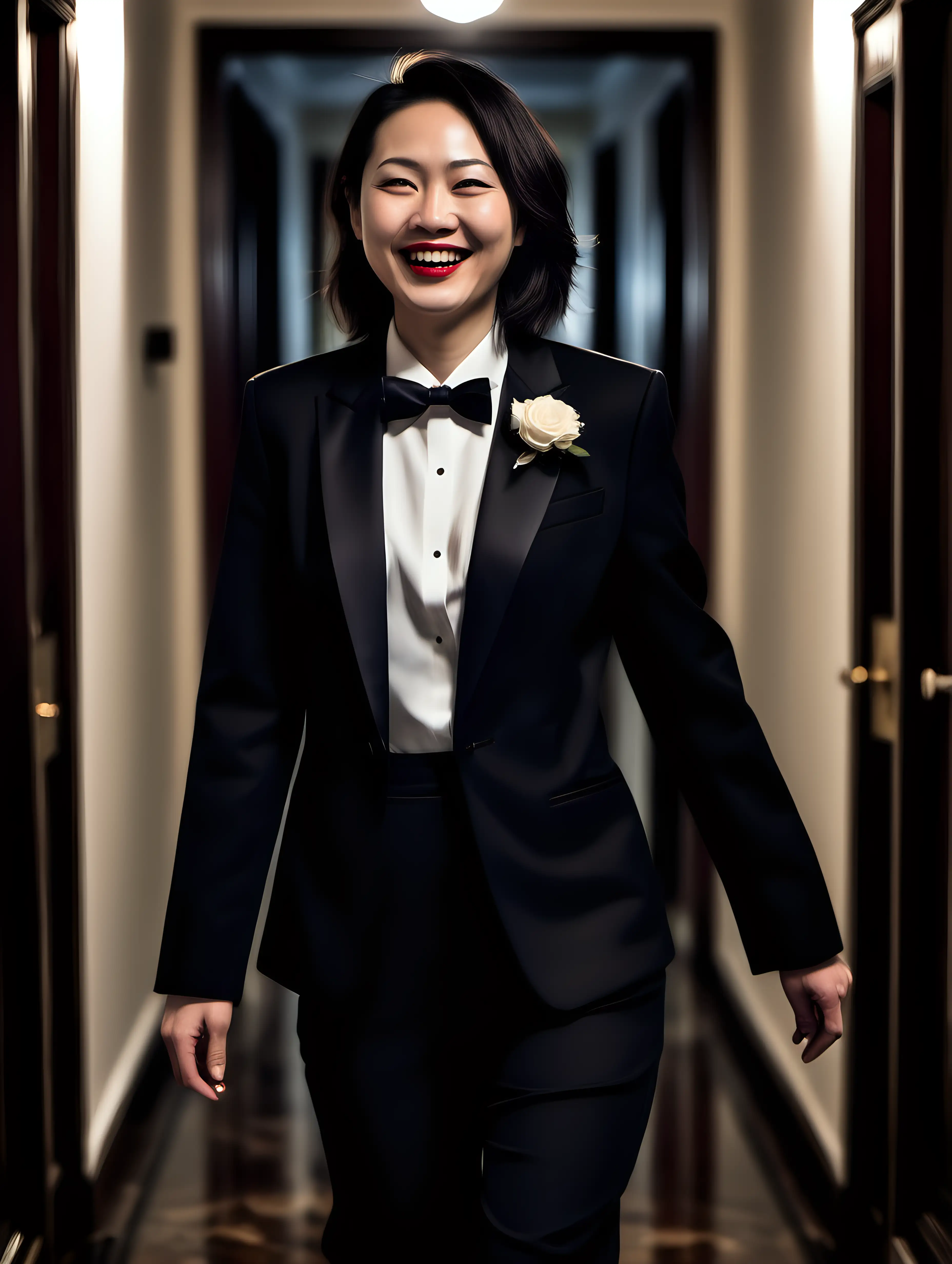 It is night. A smiling 40 year old Chinese woman with shoulder length hair and lipstick is walking down a dark hallway in a mansion. She is facing forward. She is wearing a tuxedo with a black jacket with a corsage and a white shirt and a black bowtie and black cufflinks and black pants. She is relaxed. Her jacket is open. She is smiling and laughing. She is relaxed. Her jacket is open. She is smiling and laughing.