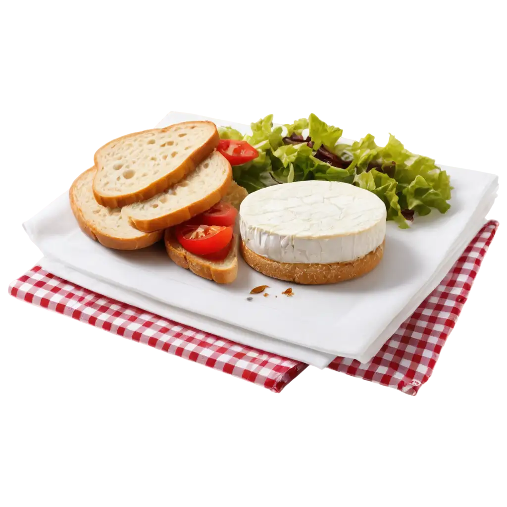 camembert on a red and white cloth, bread on the back, salad and tomato on the side.