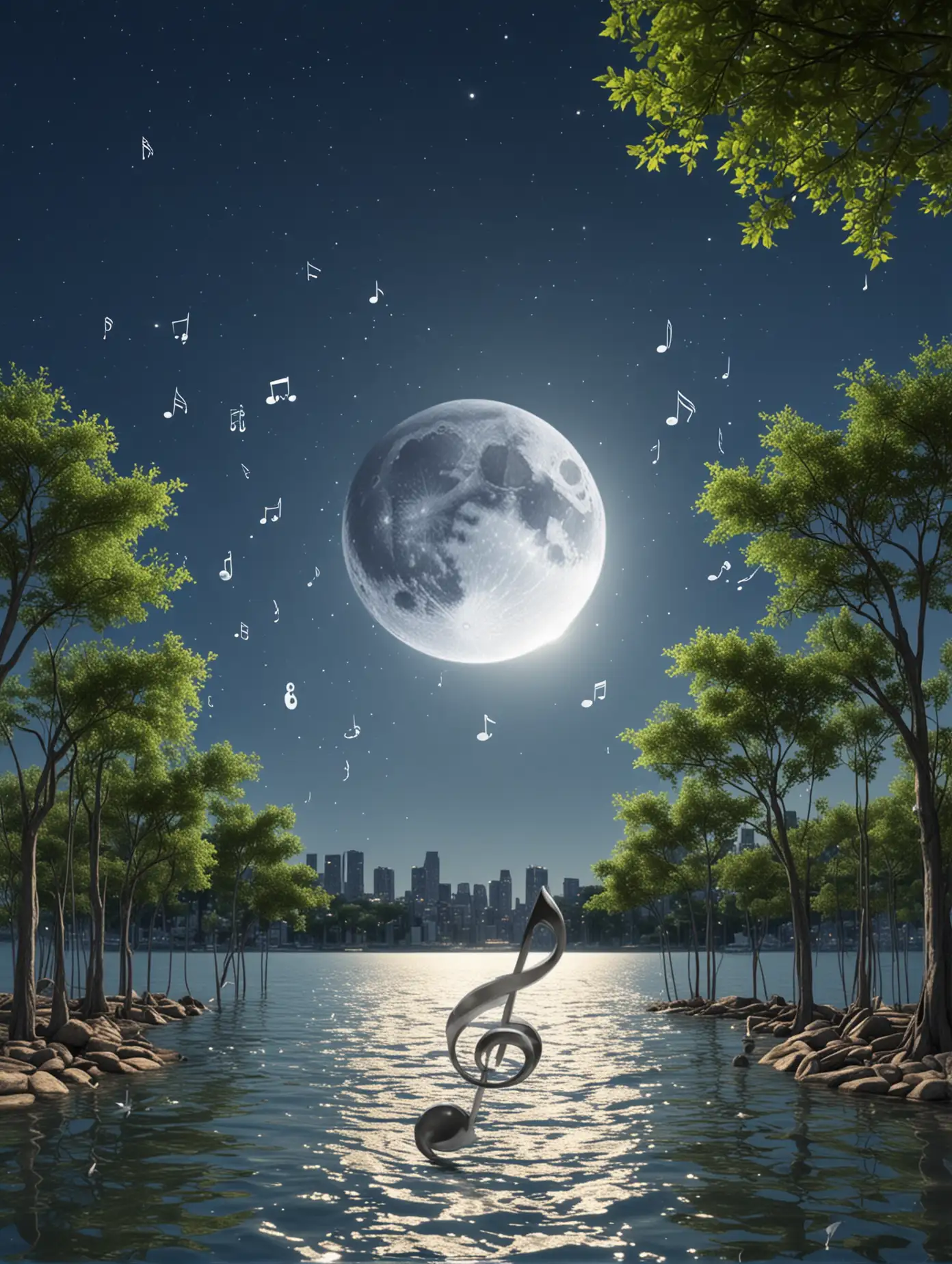 Moon, musical notes twinkling, city in the sea, clear sky and trees background during the day