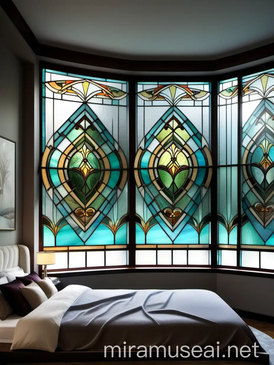 витраж тиффани в стиле ар деко на большом панорамном окне в спальне 