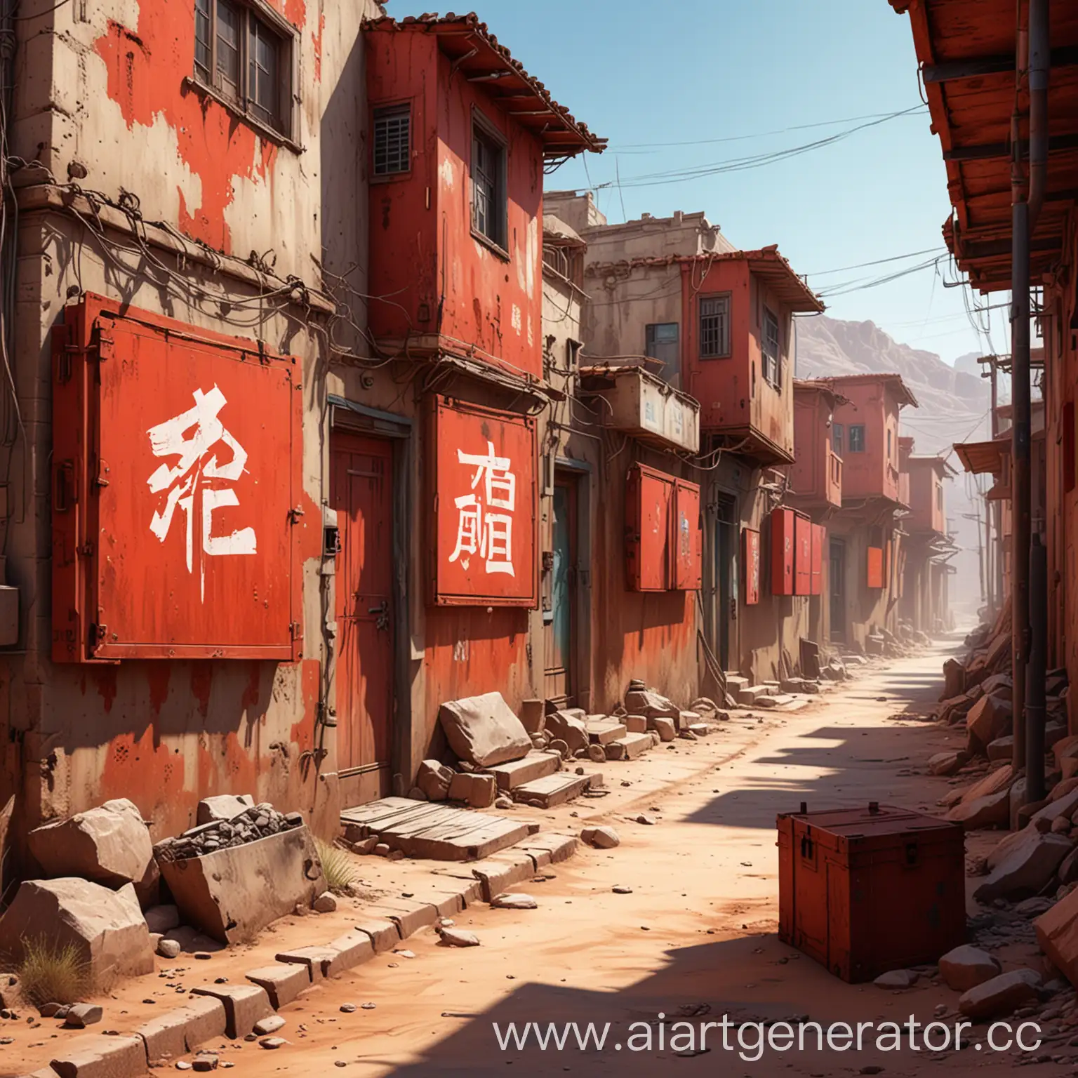 Cyberpunk-Desert-City-Street-with-Red-Posters