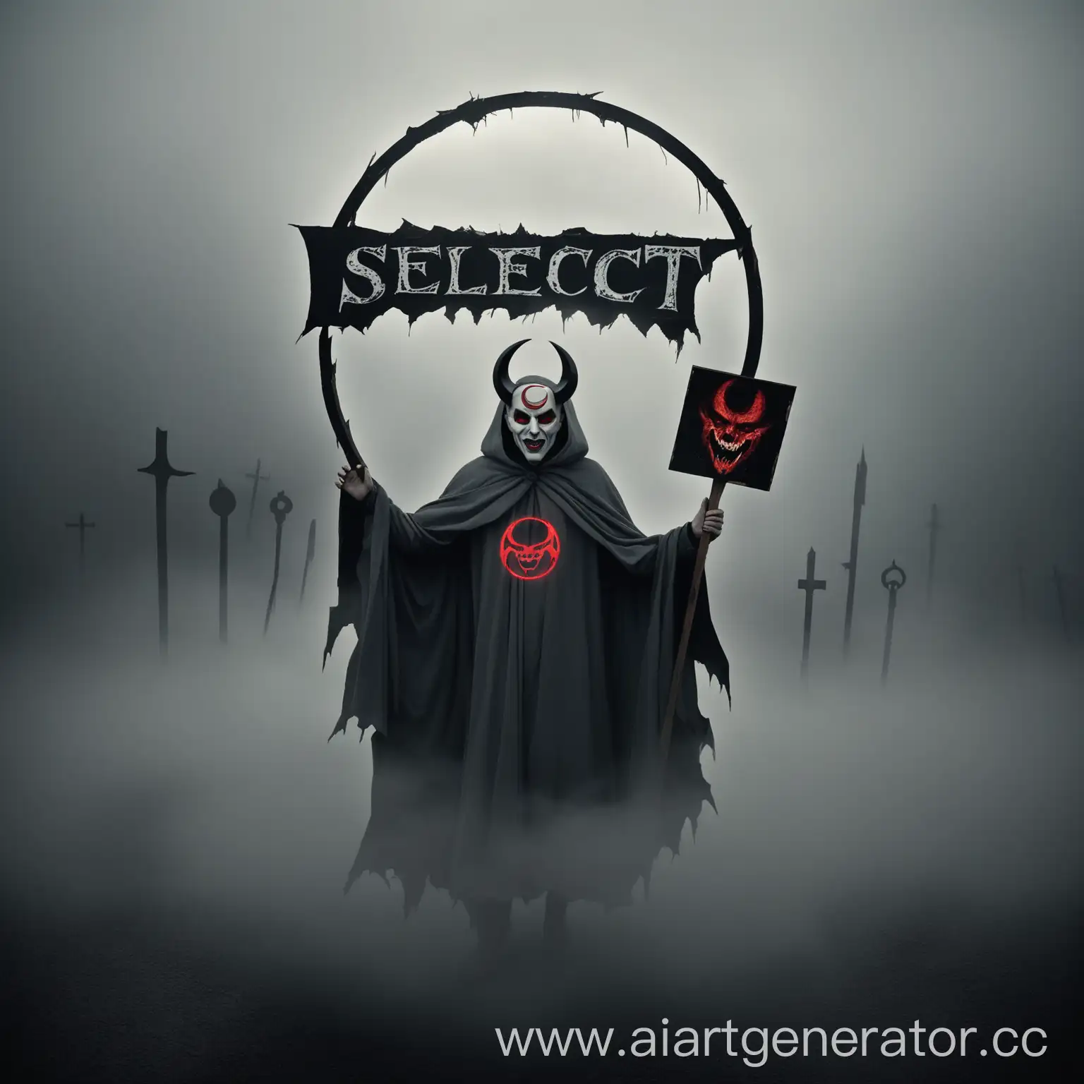 Человек в сером потрепаном балахоне с овальной маской на которой изображен круг сатаны,держит в руках табличку с надписью на табличке  Select,вокруг него серый туман , на табличке написано "SELECT"