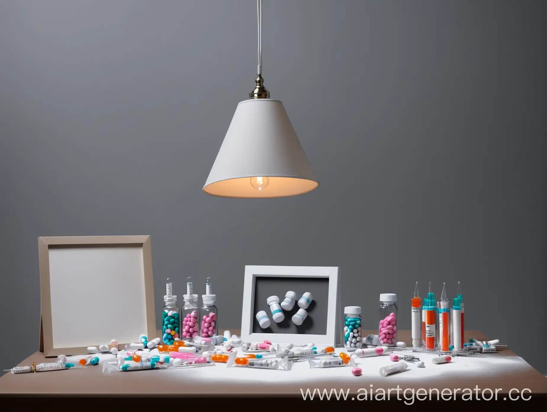 Medical-Table-with-Scattered-Pills-and-Syringes-Under-a-Hanging-Lamp