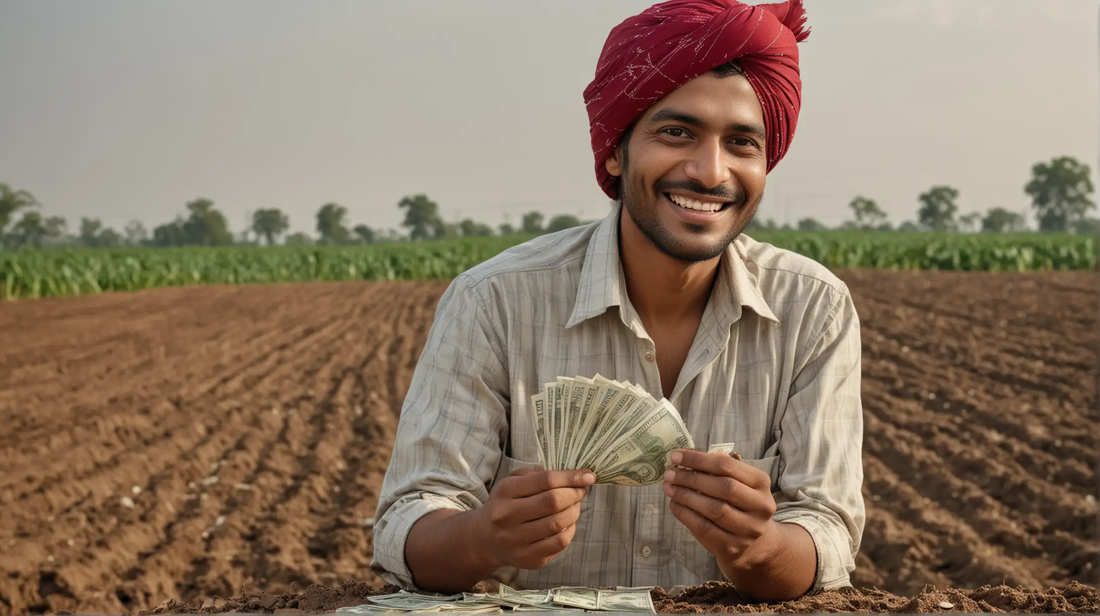 farm land in background and indian farmer counting  money with happy face