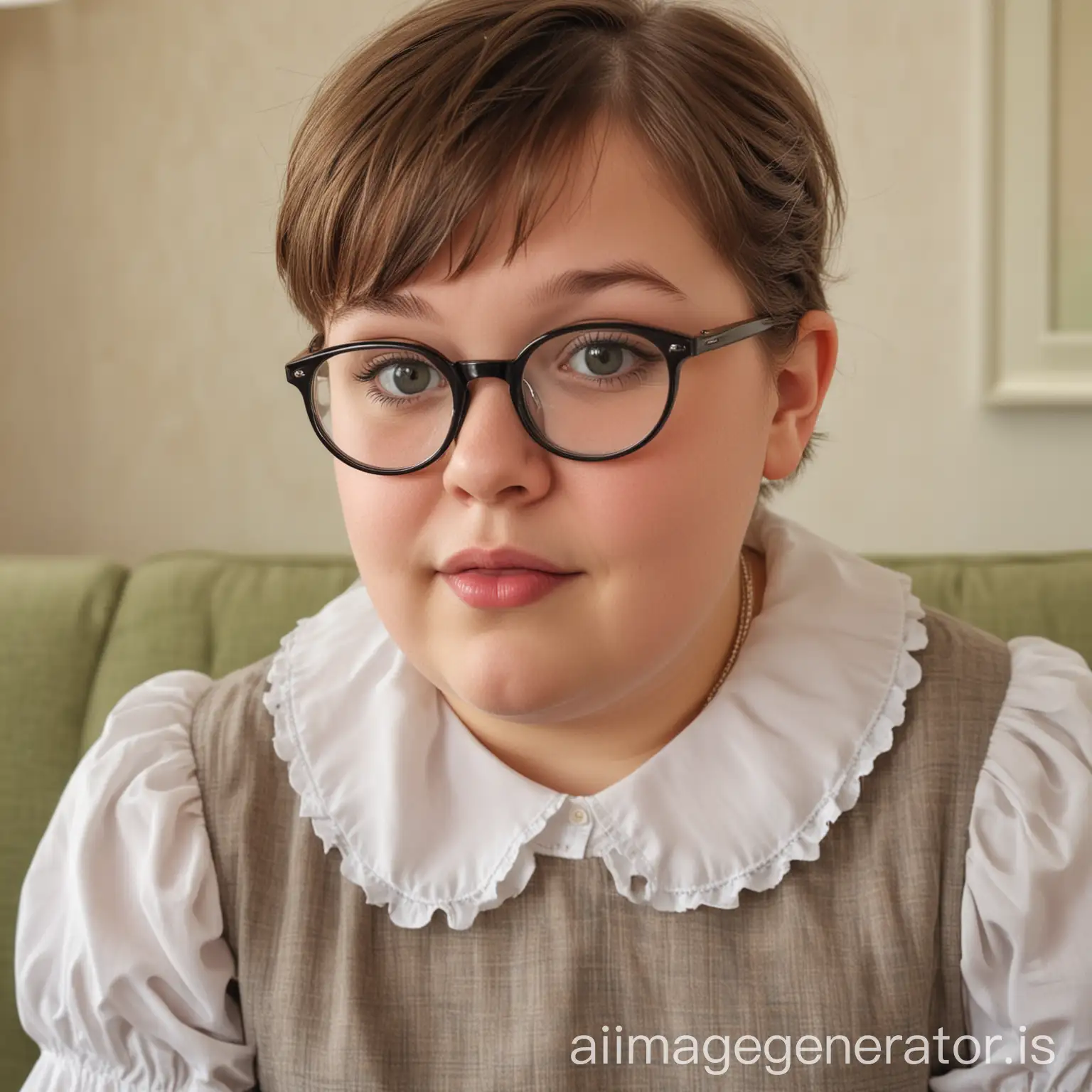 Closeup kiss POV. Obese ugly girl, about 12 years old, wearing a pinafore and a blouse with a Peter Pan collar. She has short hair and wears glasses. Sitting on sofa.