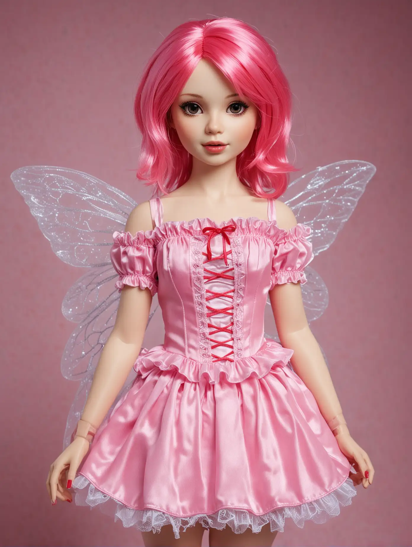 Beautiful female teenage doll, white skin, shoulder length pink hair, wearing a Fairy costume, red shoes,