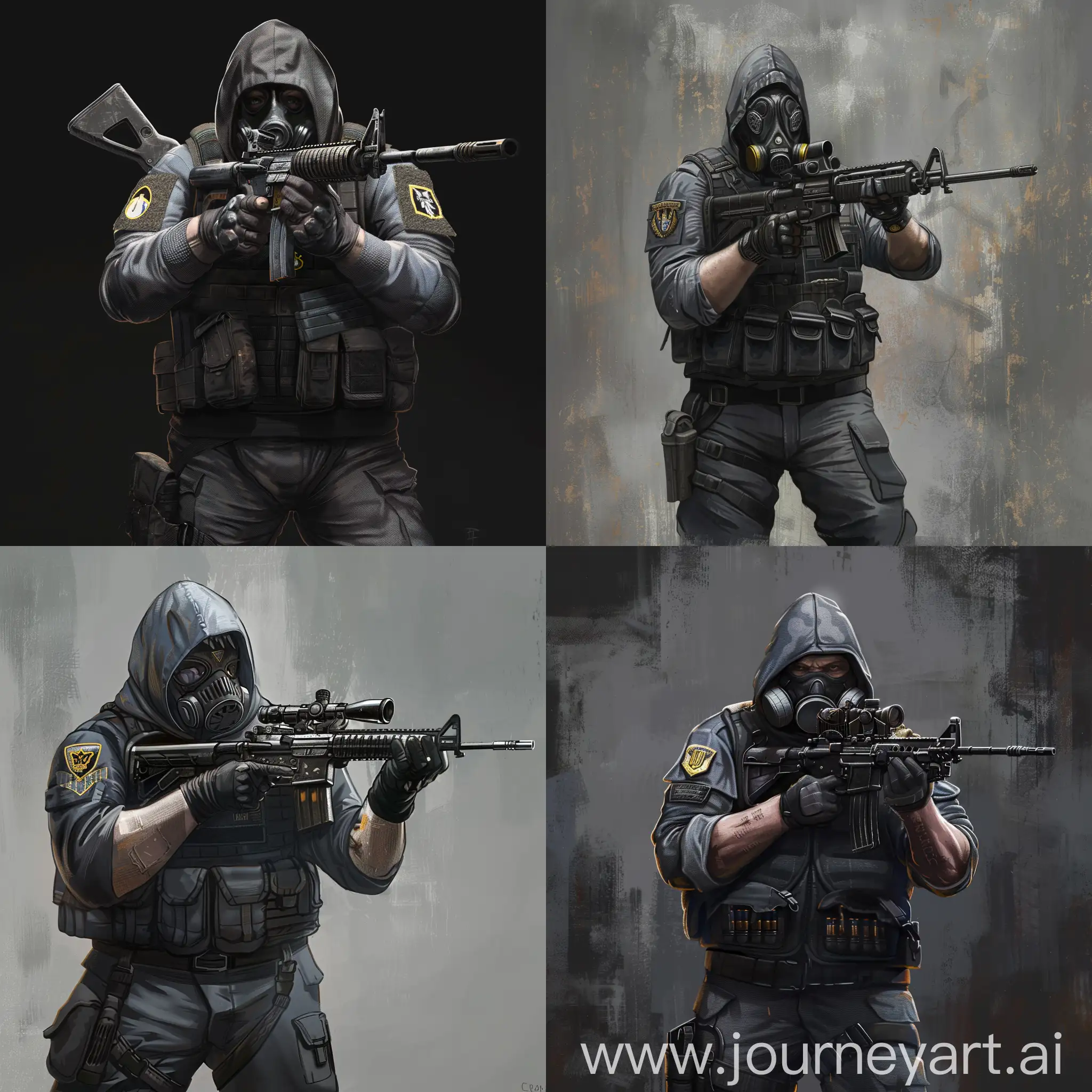 Game concept art character, an American soldier of the Vietnam War in a bulletproof vest of that time, with a sniper rifle in his hands, hood, a gasmask on the face.