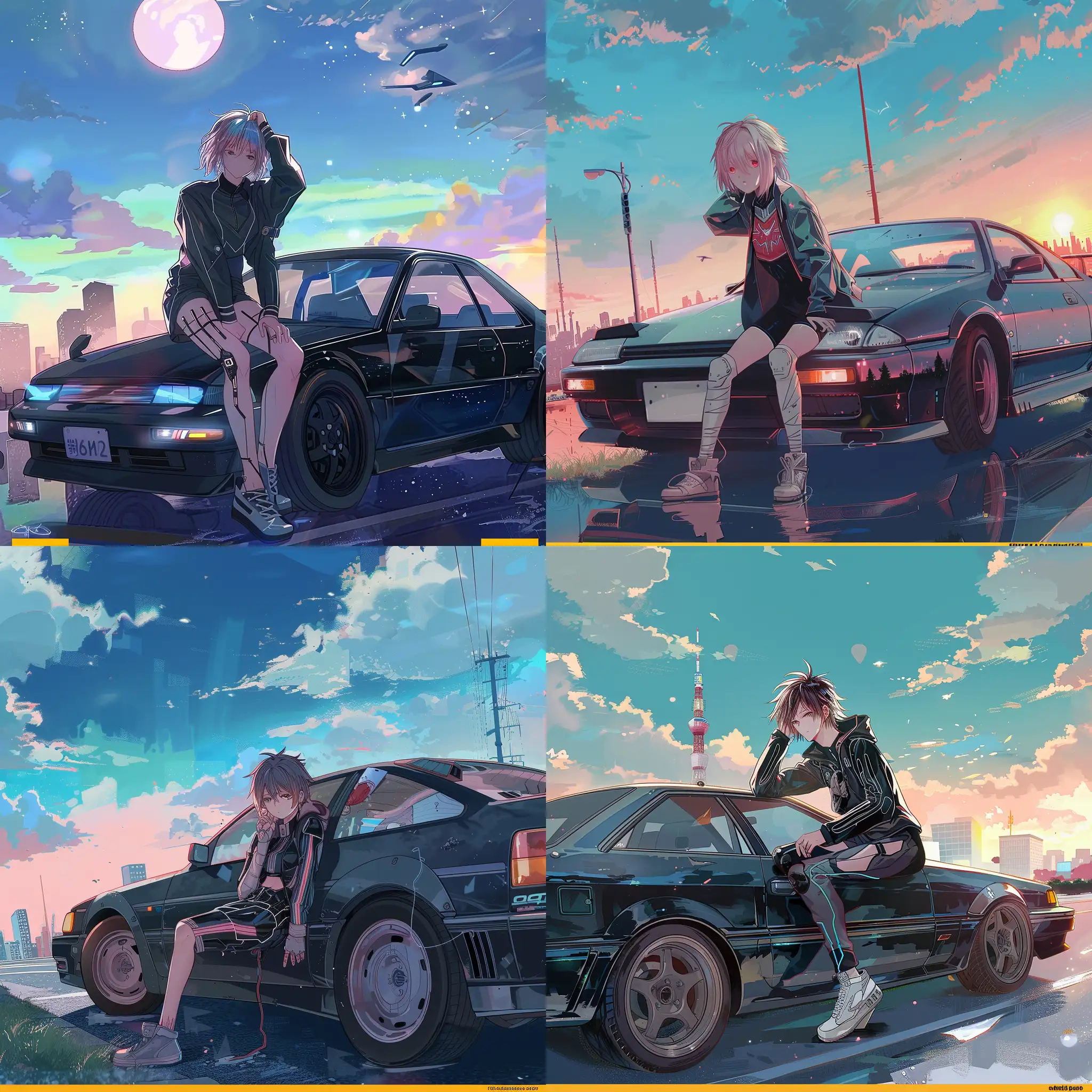 Cyberpunk-Anime-Character-Leaning-on-Car-Outside-the-City