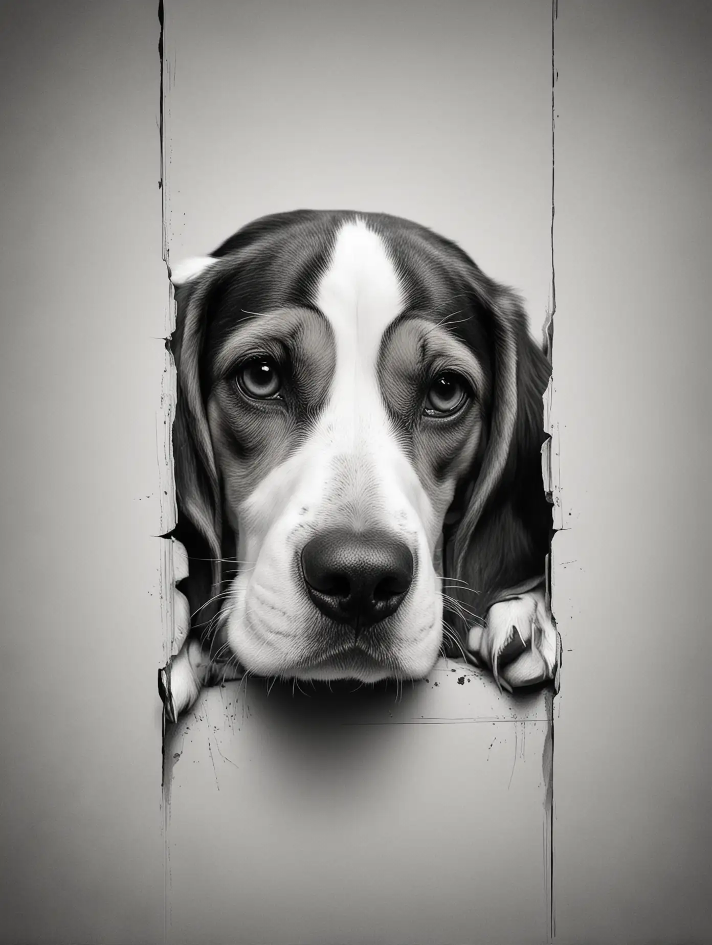 a black and white illustration of a beagle dog’s head and front paws resting over a horizontal line, giving the impression that the dog is peeking over a surface. The stylized artwork features bold lines and contrasting areas of black and white, creating an interesting visual effect. The dog appears to be a breed with pointed ears.
