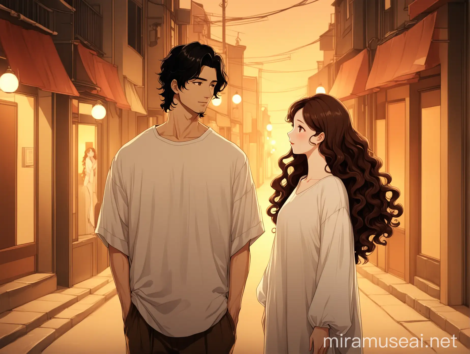 Romantic Korean Couple in Cartoon Illustration Style Handsome Man and Beautiful Woman in Warm Street Background