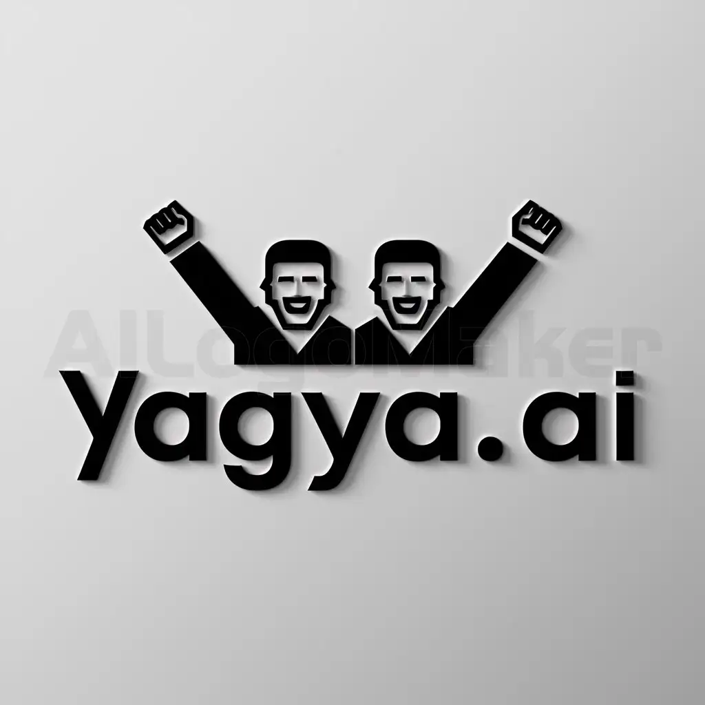 a logo design,with the text "Yagya.ai", main symbol:two men cheering with arms up,Moderate,be used in AI industry,clear background