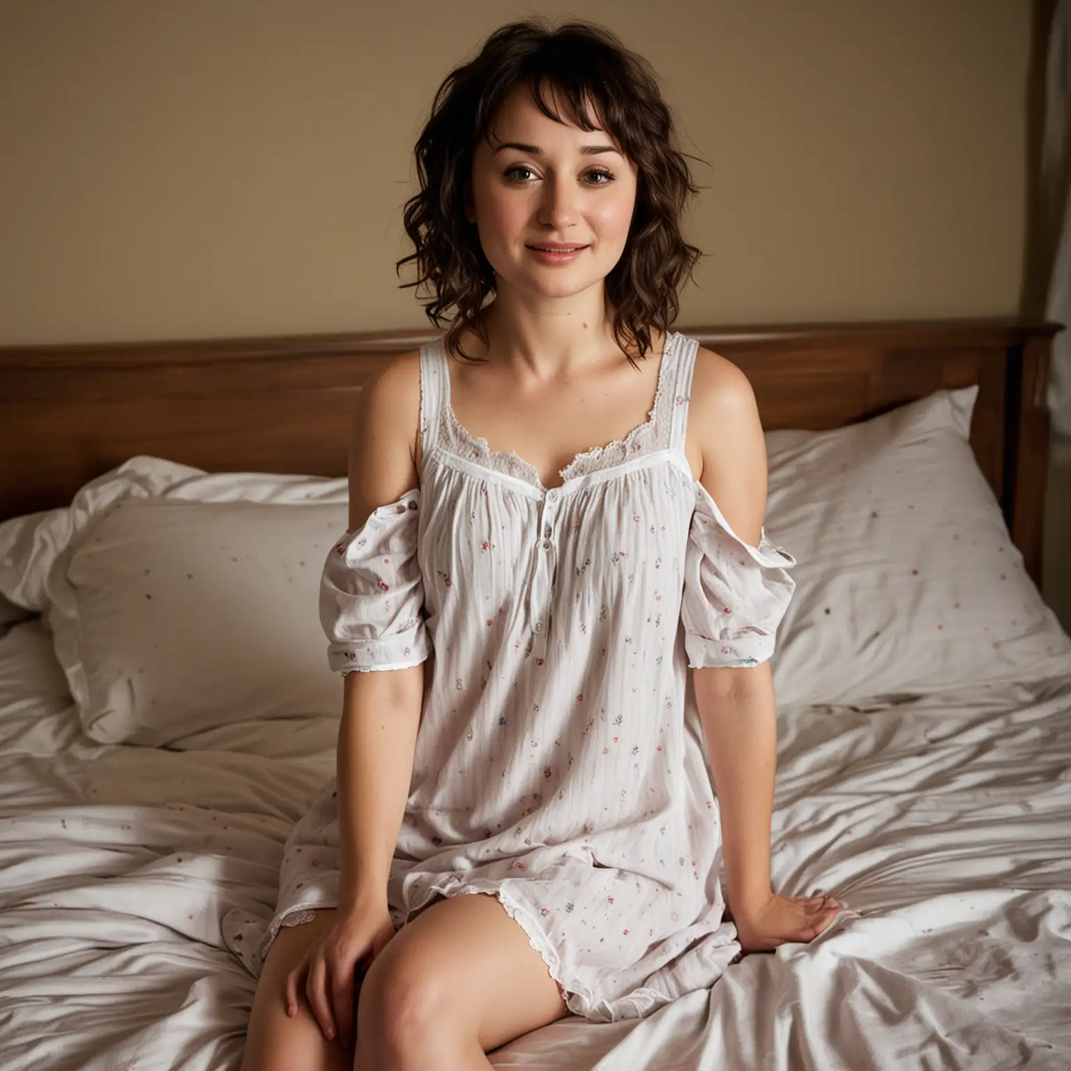 actress Milana vayntrub wearing a nightie on a small bed, with light injure on the face