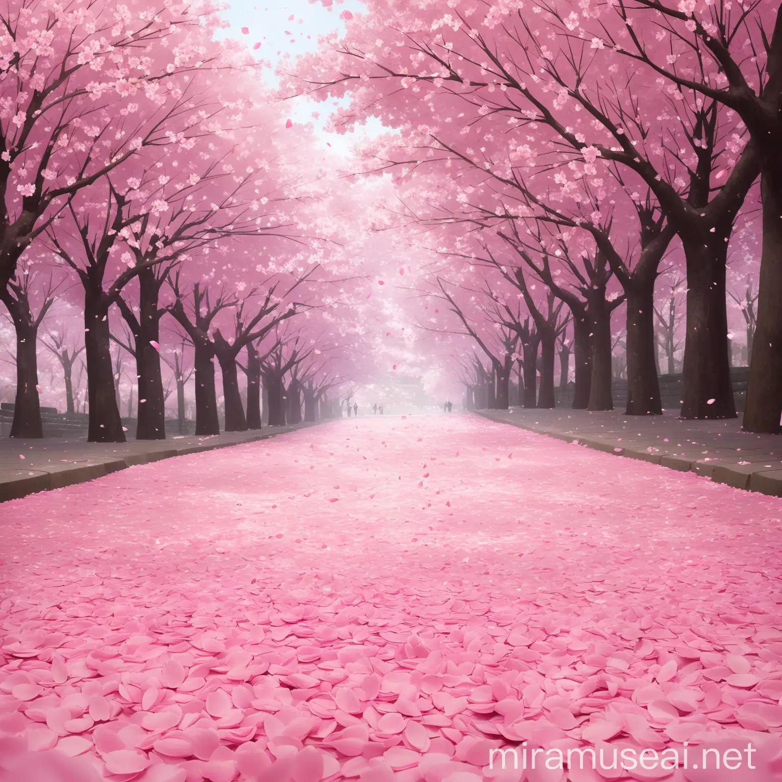 A sakura with pink petals on the ground and pink petals falling...beautiful