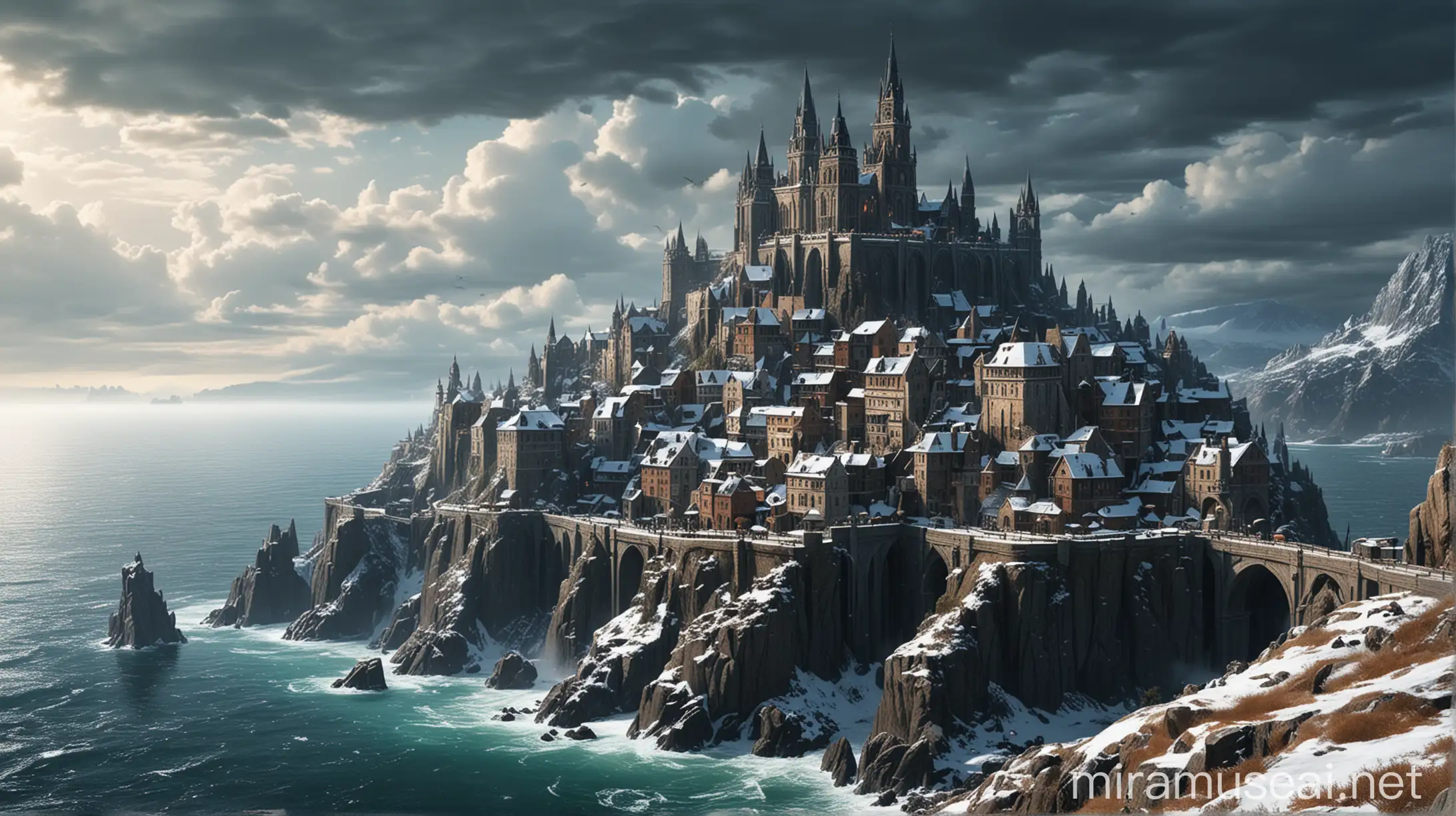 a fantasy gothic city on a promontory facing a infinite sea, there is a snow on the coast. There is a Magic academy on the highest point of the city, look like real