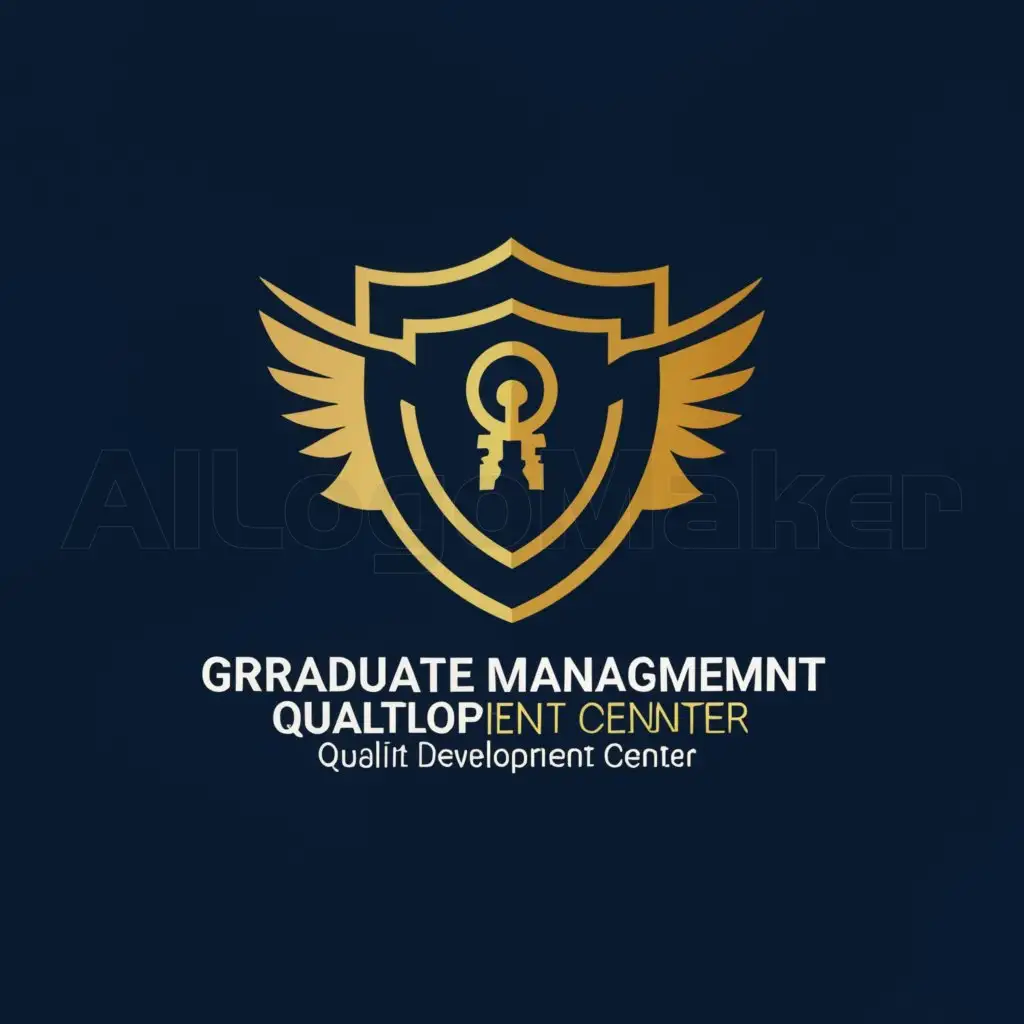 a logo design,with the text "Graduate Management and Quality Development Center", main symbol:Design Concept:

Graphic Elements:

Key: Symbolizes knowledge and wisdom, representing the importance of unlocking knowledge in graduate education.
Quill Pen: Represents academic writing and research, also a symbol of creativity.
Flying Person: Symbolizes the freedom and progress of graduate students in academic and personal development.
Color Scheme:

Navy Blue: Represents academic and seriousness.
Gold: Symbolizes knowledge and wealth, also can represent excellence and reward.
Gray or Silver: As auxiliary colors, balance the overall color scheme and add modernity.
Font Selection:

Classic and elegant serif fonts to highlight the academic atmosphere.
The central name can use a more modern sans-serif font for contrast and layering.
Logo Layout:

Combine the key and quill pen together, possibly forming a shield-shaped pattern, symbolizing protection and commitment.
The flying person can be placed above or beside the shield, adding dynamism and upward momentum.
The central name can be placed below or around the shield to ensure overall balance and ease of recognition.,Minimalistic,be used in Education industry,clear background