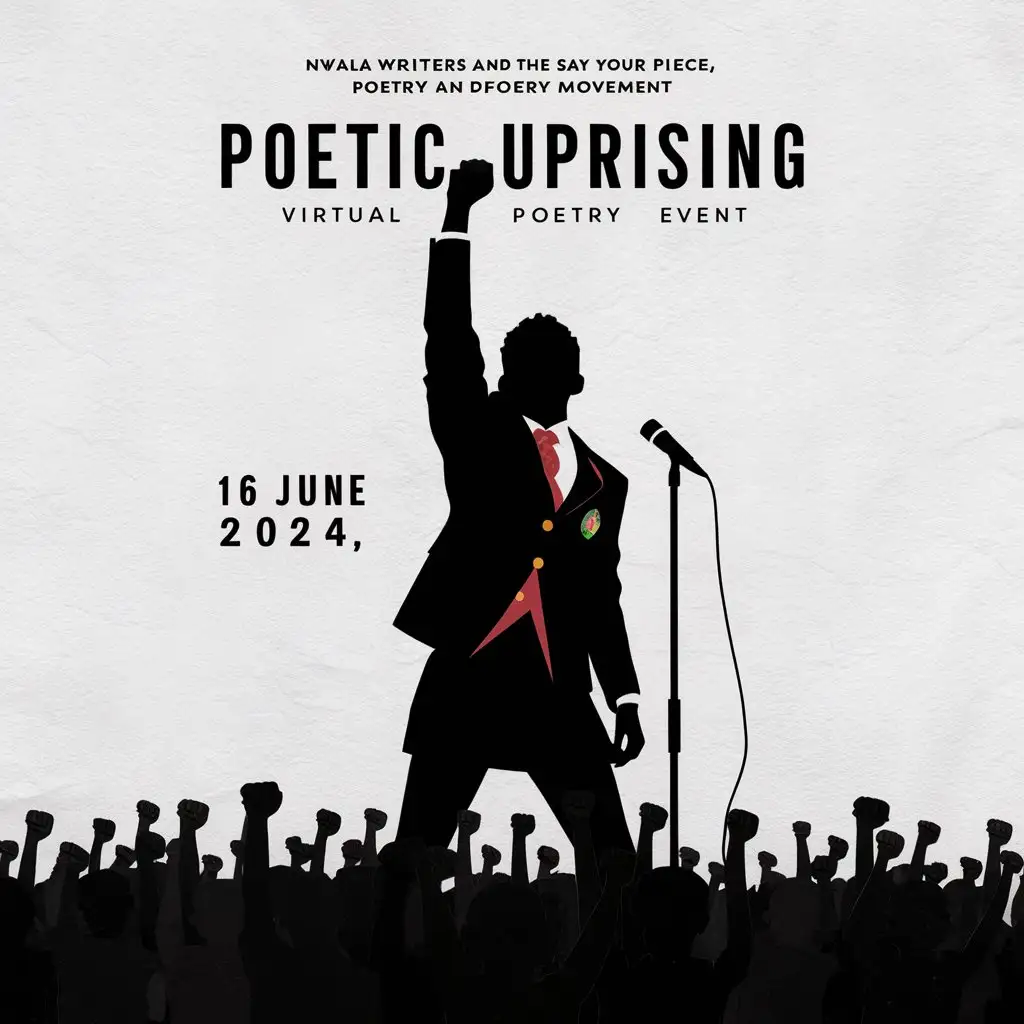 Minimalistic illustrated online poetry session 'Save The Date' poster titled "Poetic Uprising"  "brought to you by Nwala Writers." by the "Say Your Piece, Poetry Movement" it must be based on the 1986 South African youth uprising. fighting for the right to language and freedom. Silhouette of Young Man or woman in school uniform with their fist in the air and a microphone before him/her. Date '16 June 2024' black silhouette of a lot of youth with their fists in the air at the bottom, fill colour illustrations,  white background 