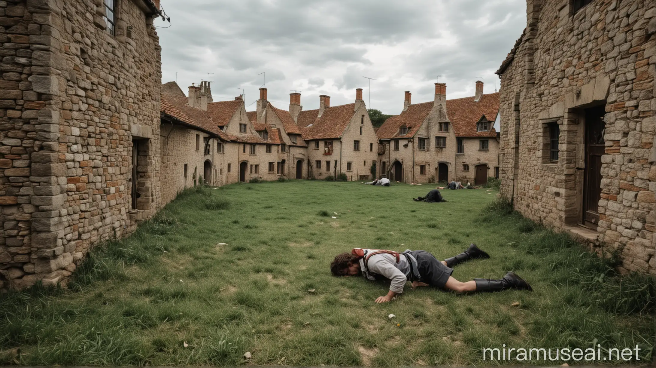 I collapsed on my knees in defeat in the middle of a field surrounded by medieval houses