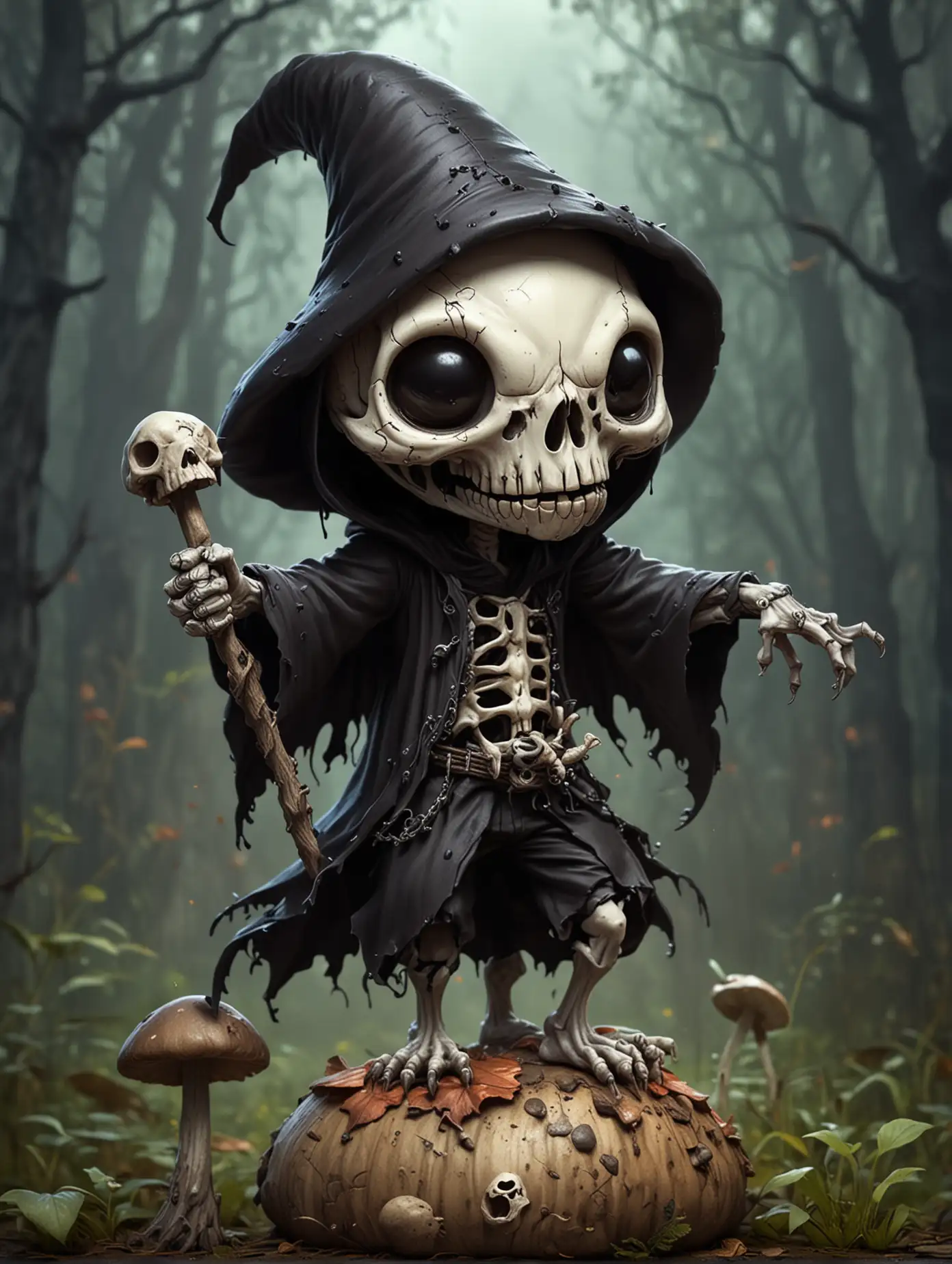 A chibi style grim reaper with a rat skull dancing on top of a mushroom 