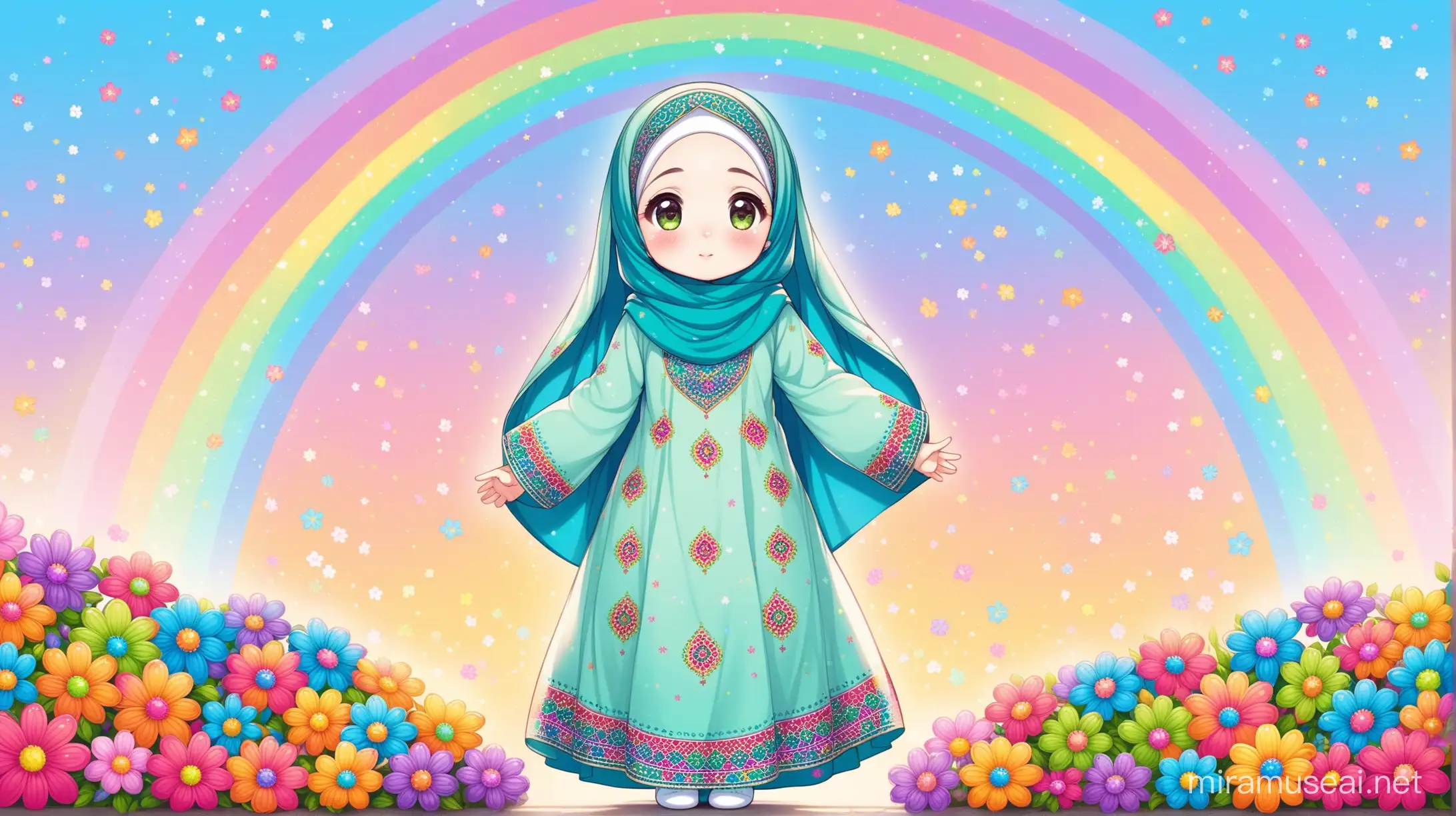 Persian little girl(full height, Muslim, with emphasis no hair out of veil(Hijab), white skin, cute, wearing socks, clothes full of Persian designs).
Ground and background full of rainbow flowers.
