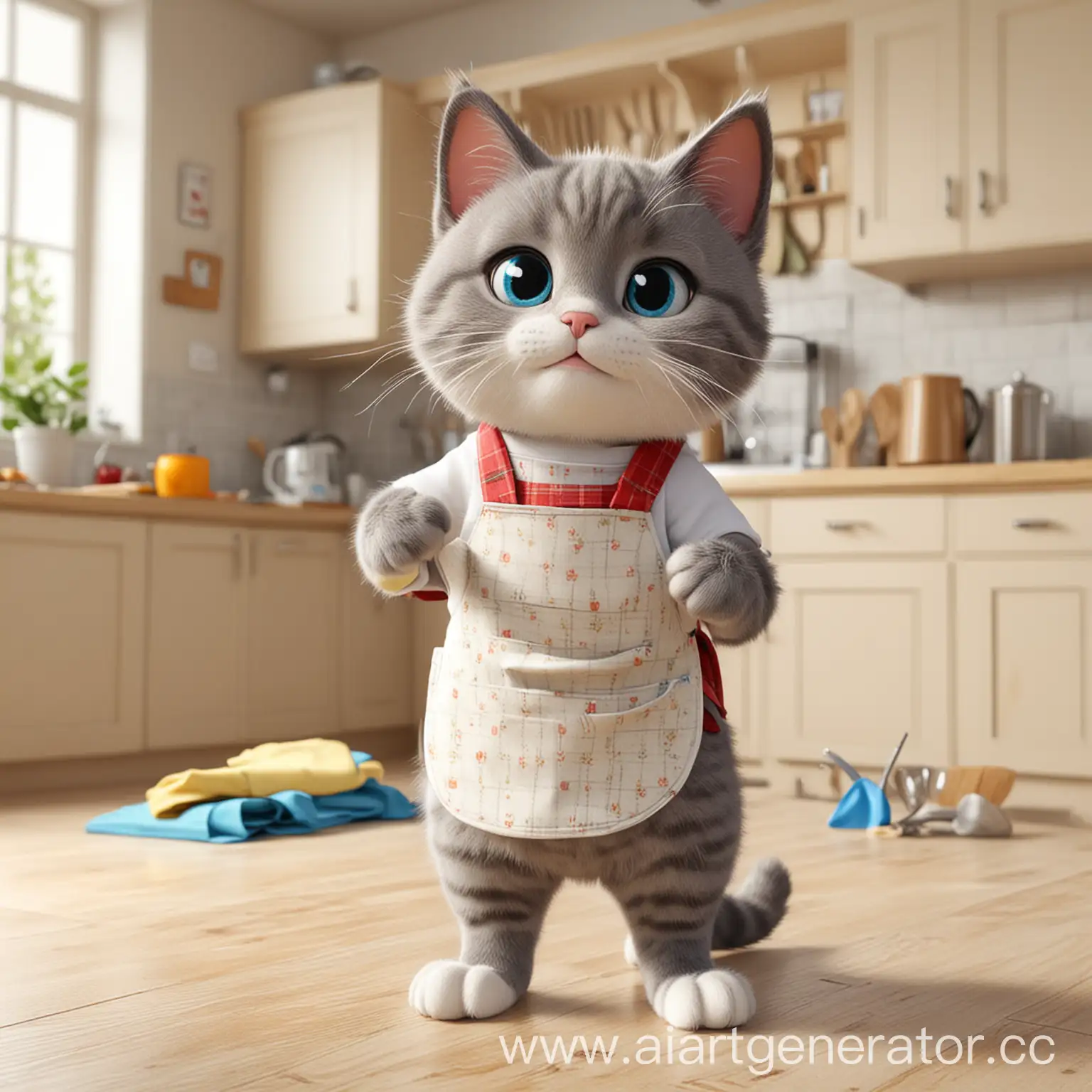 3D家政卡通猫，带着围裙，手上拿着抹布，打扫卫生，以厨房为背景


