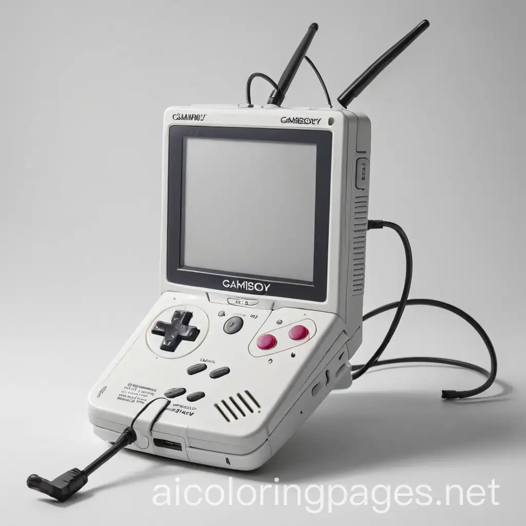 Multi screen gameboy with huge antenna , Coloring Page, black and white, line art, white background, Simplicity, Ample White Space. The background of the coloring page is plain white to make it easy for young children to color within the lines. The outlines of all the subjects are easy to distinguish, making it simple for kids to color without too much difficulty