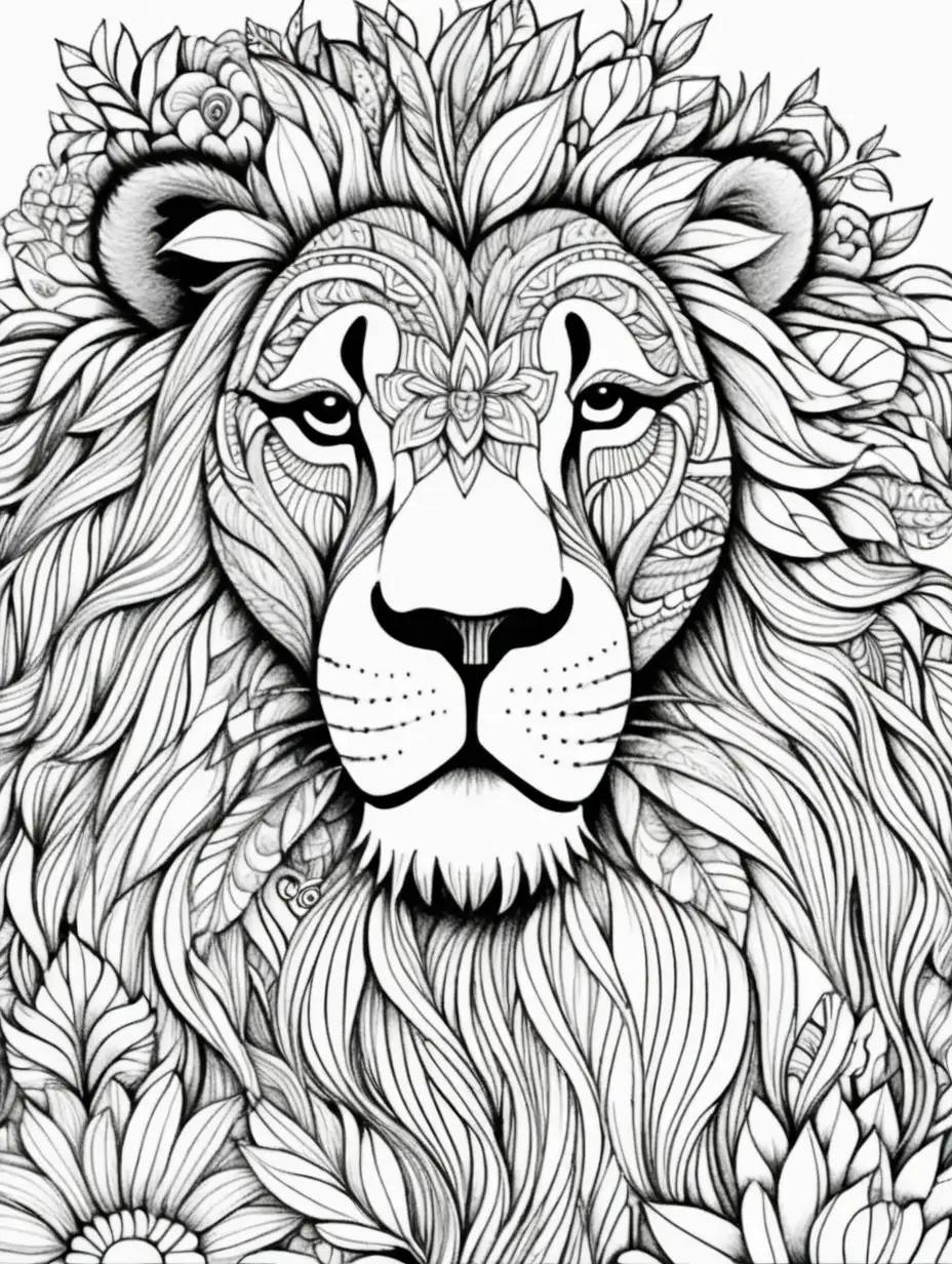 black and white adult colouring page, lion face, zentangle art, floral ambiance, 2d side view, clean line art, clear line art, print quality, white background, hd No arguments