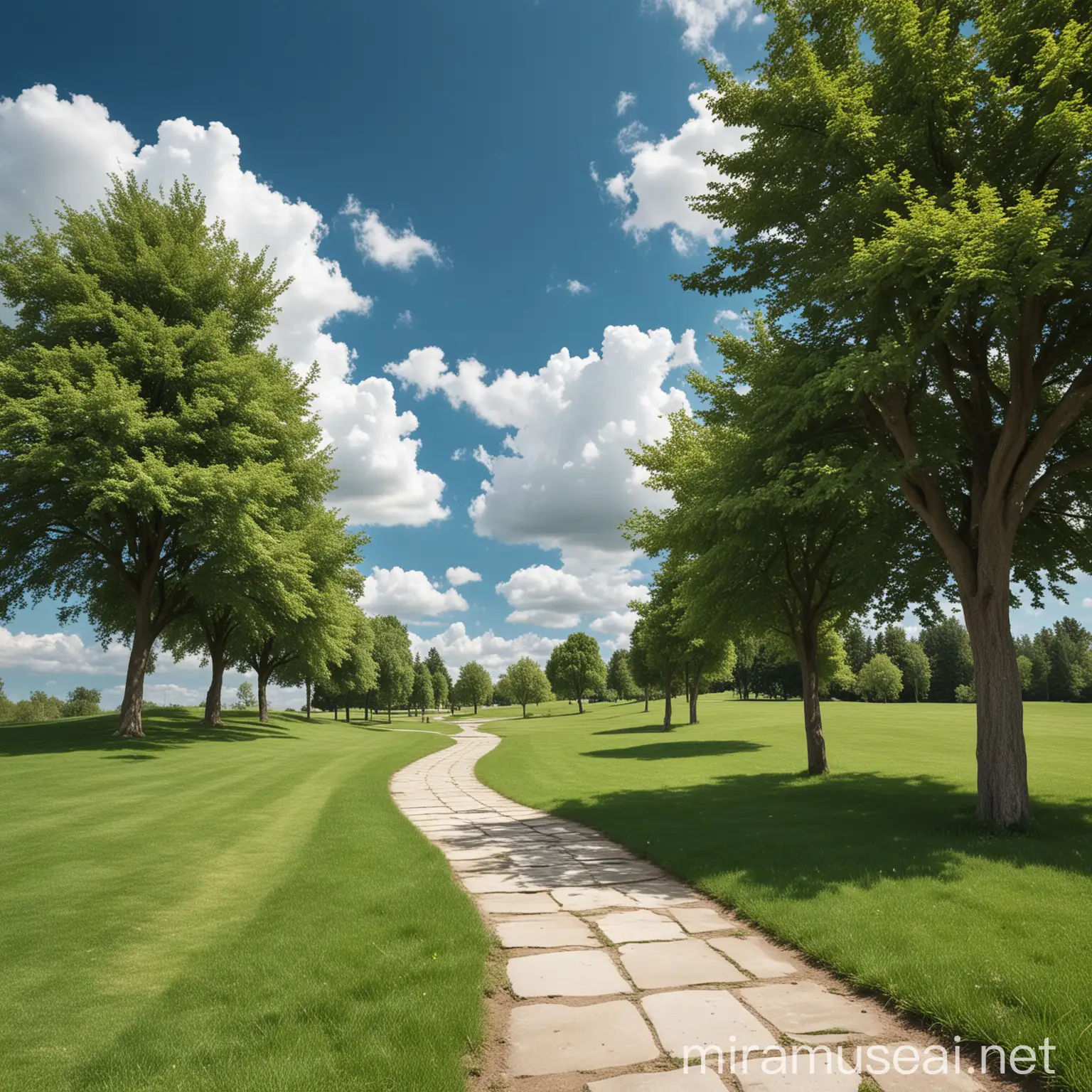 Scenic Park Landscape with Treelined Path and Blue Sky
