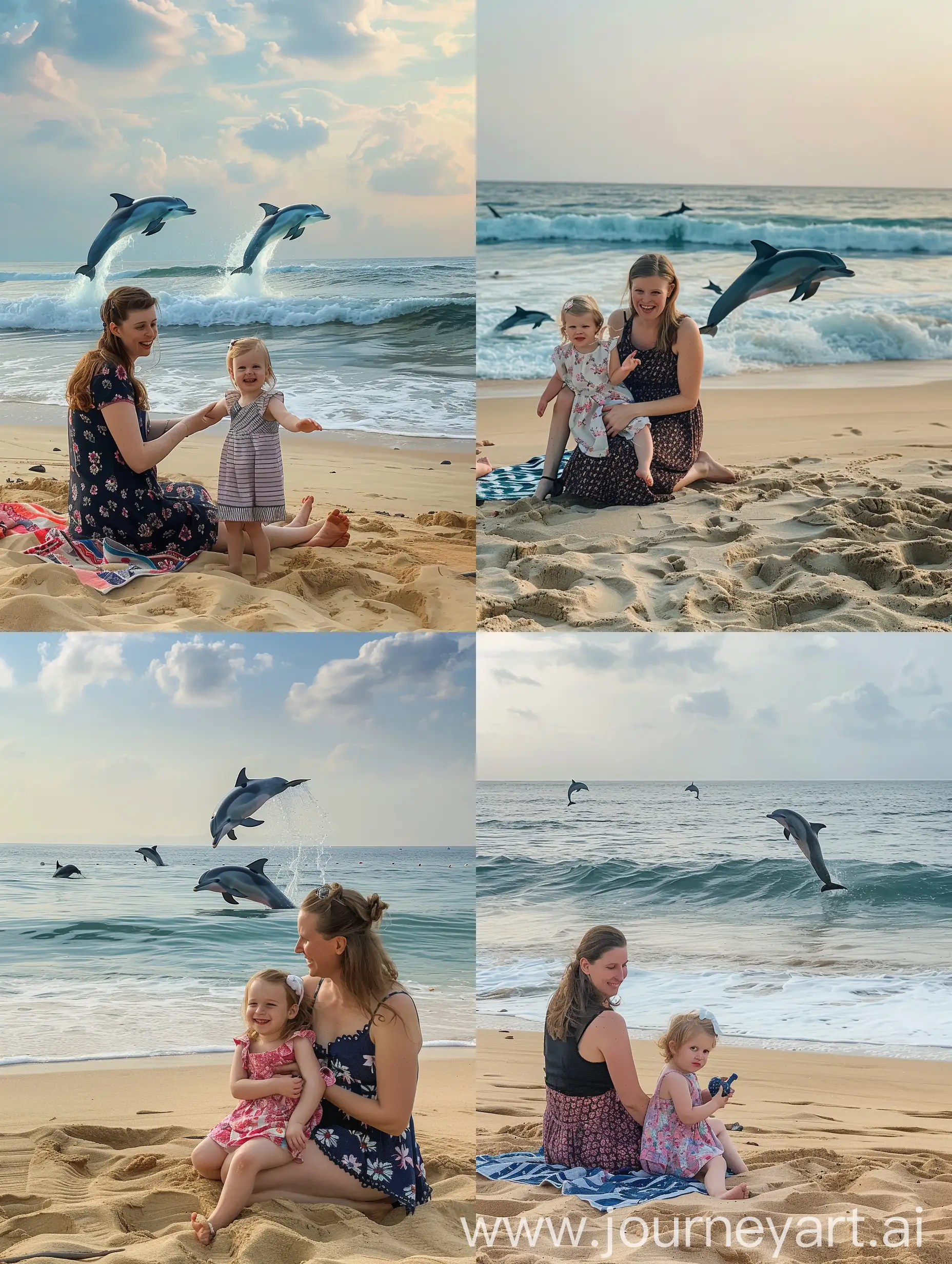 Девушка и ее дочь отдыхают на берегу океана, а за их спиной выпрыгивают из моря дельфины