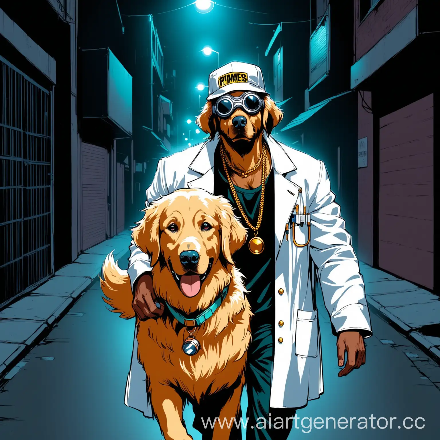 A golden retriever wearing a lab coat and protect goggles ,wearing rap accesories , walking in the dark street , like 80's rap vibe , homless people lying in the street , it look like pimp, 