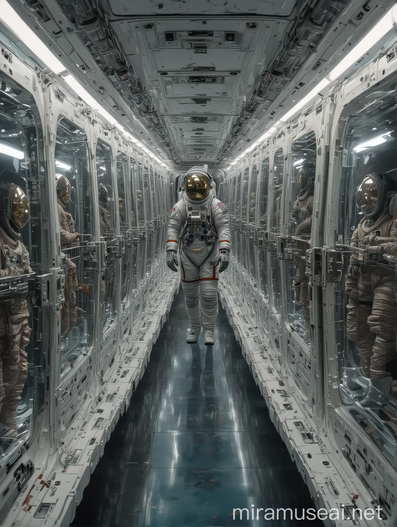 Highly detailed painting, wide view, a spacesuited astronaut inside a large spaceship looks at a row of glass caskets, each casket containing a body in suspended animation, use muted colors only, high quality