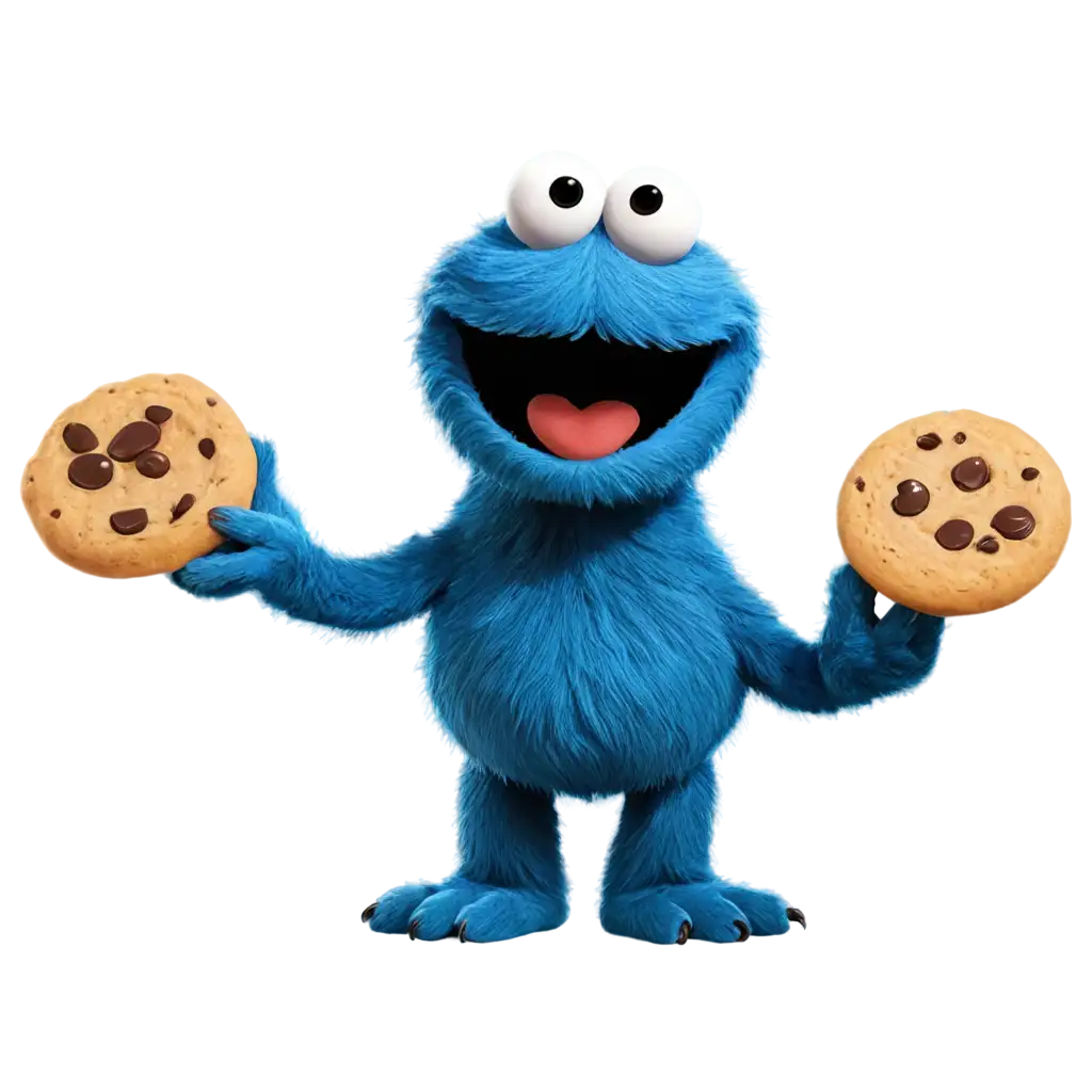 the animated cookie monster from sesame street, smiling, with a cookie in its hand