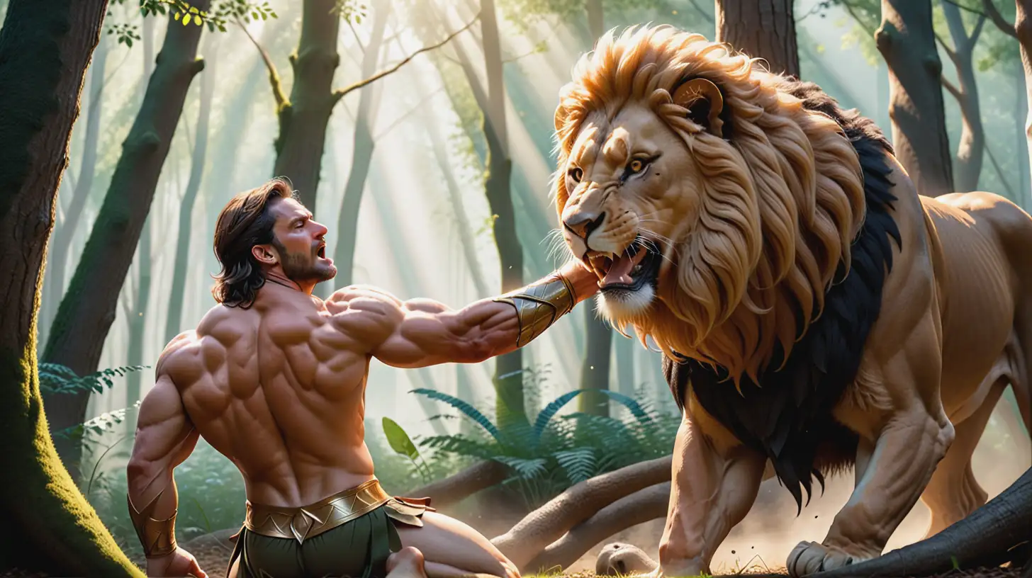Gera Strangling the Lion in a Forest Clearing: Show Gera, a muscular Greek hero with bulging biceps and a determined expression, grappling with the Nemean Lion. The lion, with its golden fur and fearsome fangs, struggles fiercely. The scene is set in a dense forest clearing with sunlight filtering through the trees.