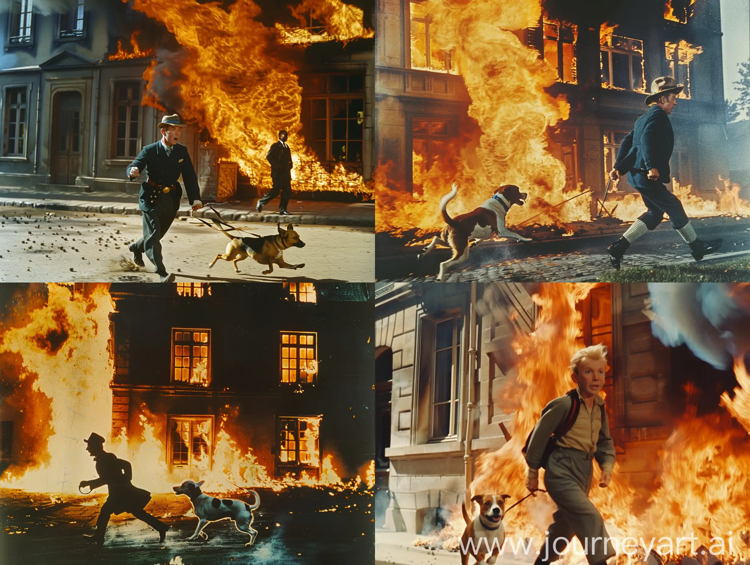 Tintin-and-Dog-Flee-Burning-1950s-Building-Superpanavision-70-Color-Image