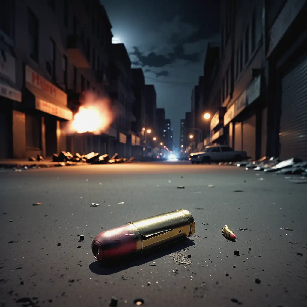 night background, inner city, violence, people, 1 bullet casing, evil waiting, 