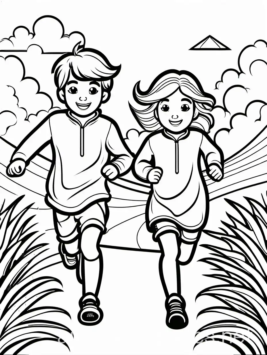 Two-Children-Running-Coloring-Page-Simple-Line-Art-for-Kids-on-White-Background