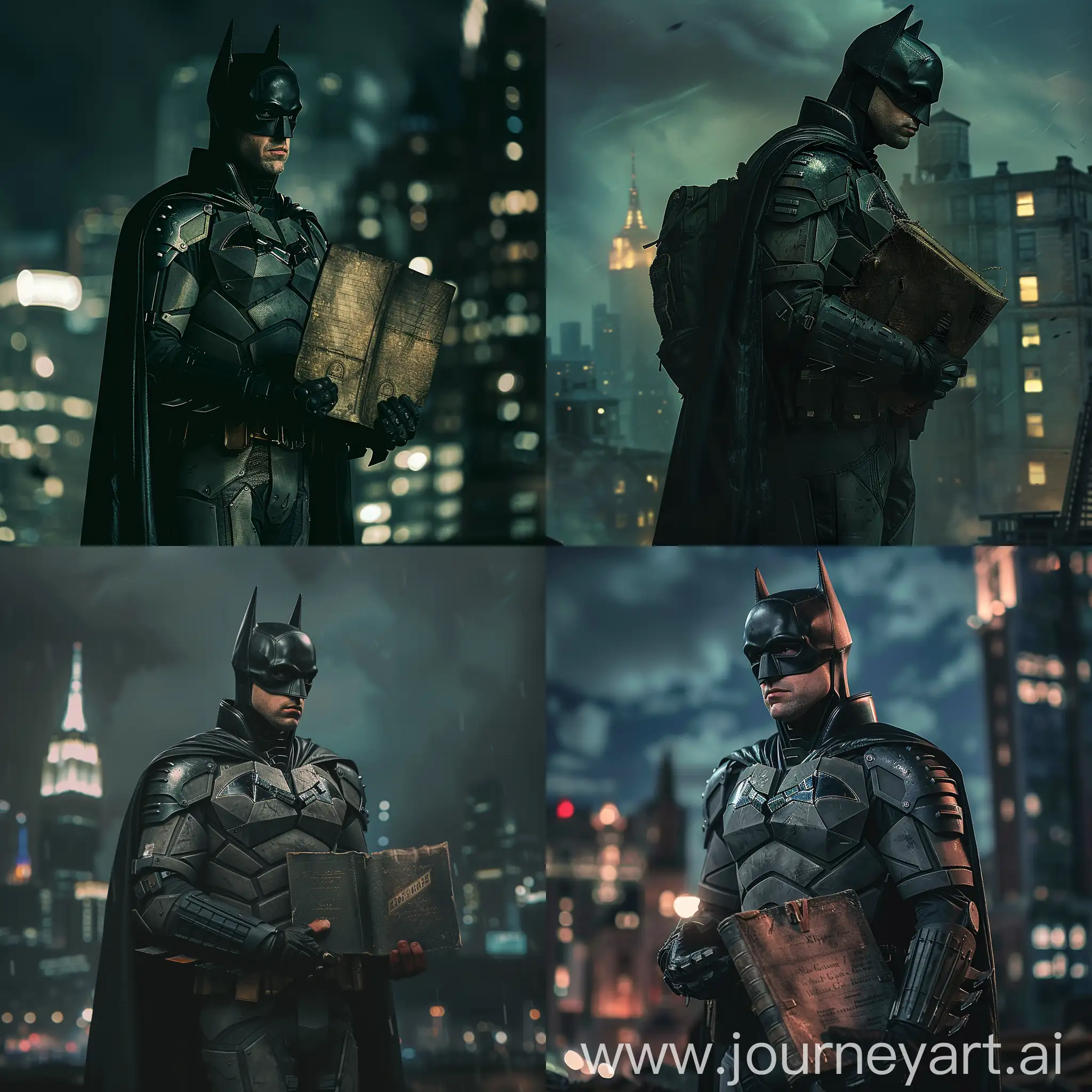 striking cinematic portrait of Batman standing in Gotham City at night. He stands tall and confident, dressed in his iconic Batsuit, but with a twist: he's also wearing a high-school backpack slung over one shoulder. As he gazes off into the distance, he holds an old, weathered book in one hand, hinting at his intellect and depth beyond his superhero persona. The background should subtly showcase Gotham's skyline, with the Bat-Signal casting a faint glow in the sky. The overall atmosphere should capture the juxtaposition of Batman's dual identities as both a vigilante and a studious, thoughtful individual