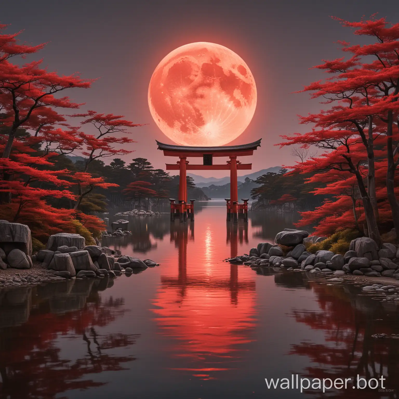 a crimson moon over a shinto gate and a lake