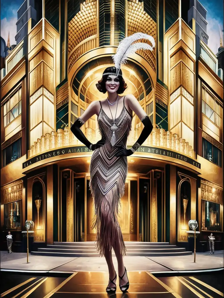 art deco architecture flapper standing in front of building painting