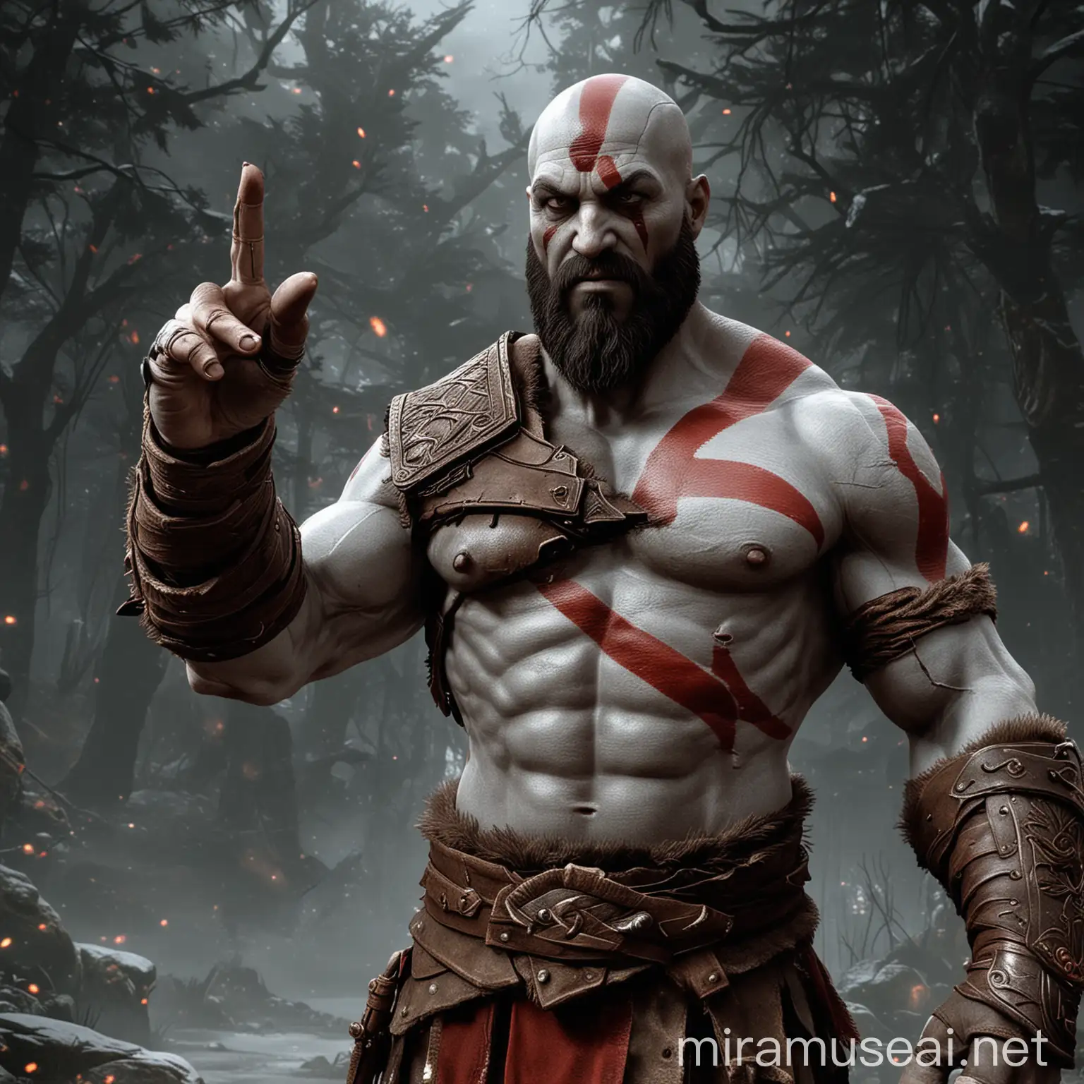 Kratos from God of War pointing just one of his index finger to me