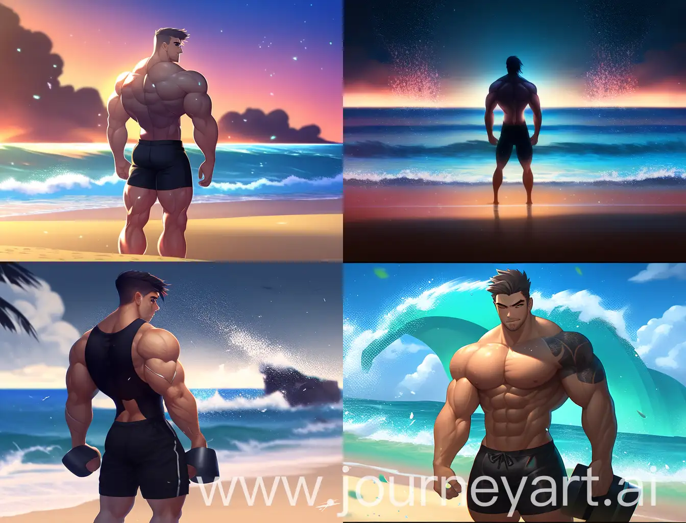 Muscular-Bodybuilder-on-Serene-Beach-with-Calm-Waves