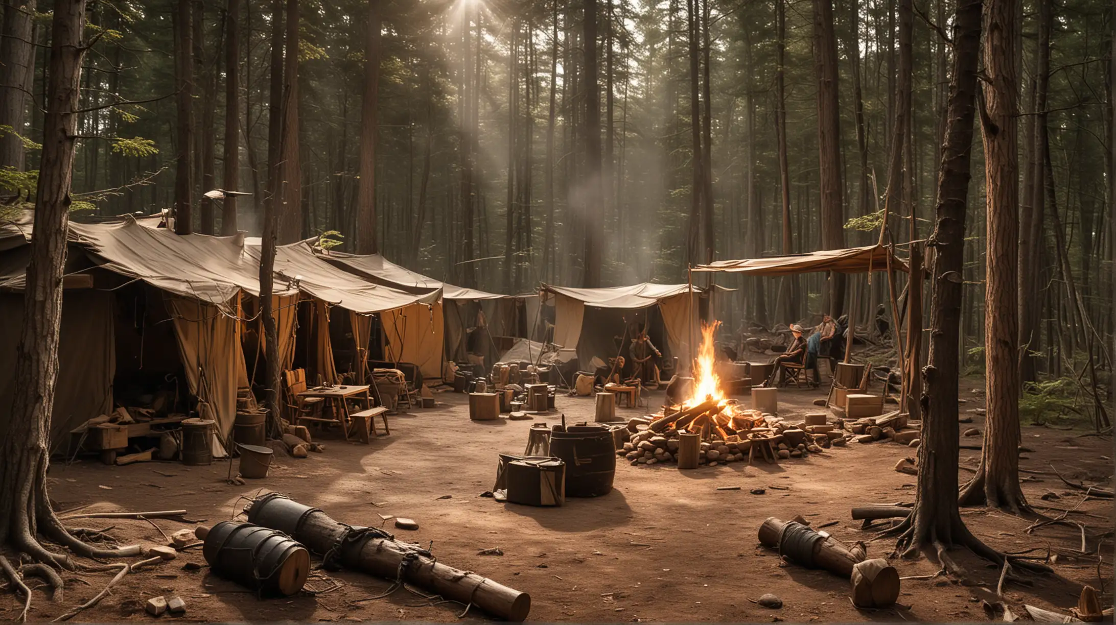Sunlight filtered through the spaces in the newly built wooden wall, casting light on the busy scene within Eldoria's first outpost, Havenwood. Positioned near the Whispering Falls, it was a simple setup, more of a fortified camp than a city. Tents were gathered around a central fire pit, with smoke spiraling upwards. Pathfinders, clad in leather, were busy sharpening tools, repairing clothing, and sharing tales of their challenging journey.