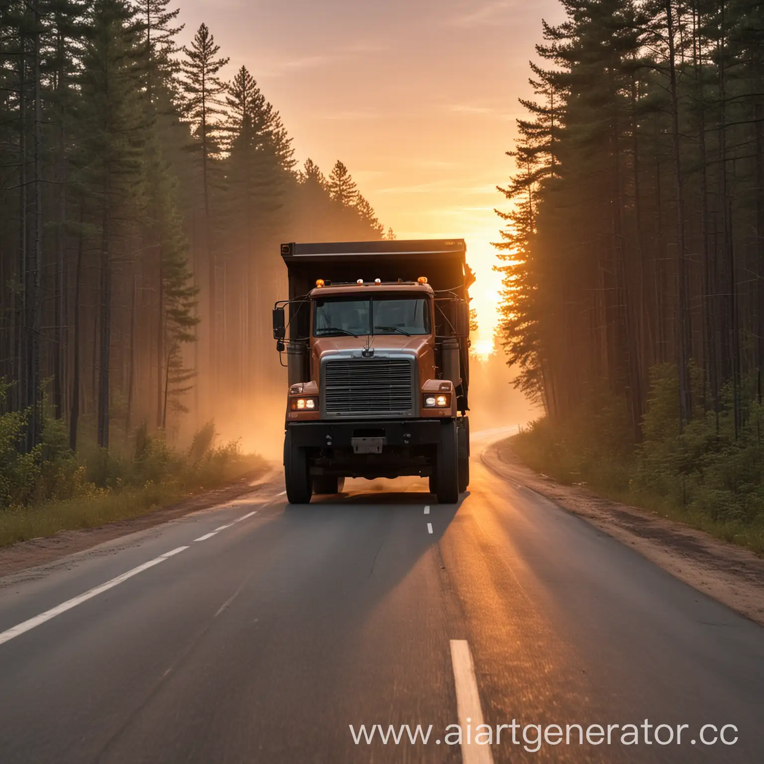 Dump-Truck-Driving-Through-Forest-at-Sunset-on-Empty-Highway