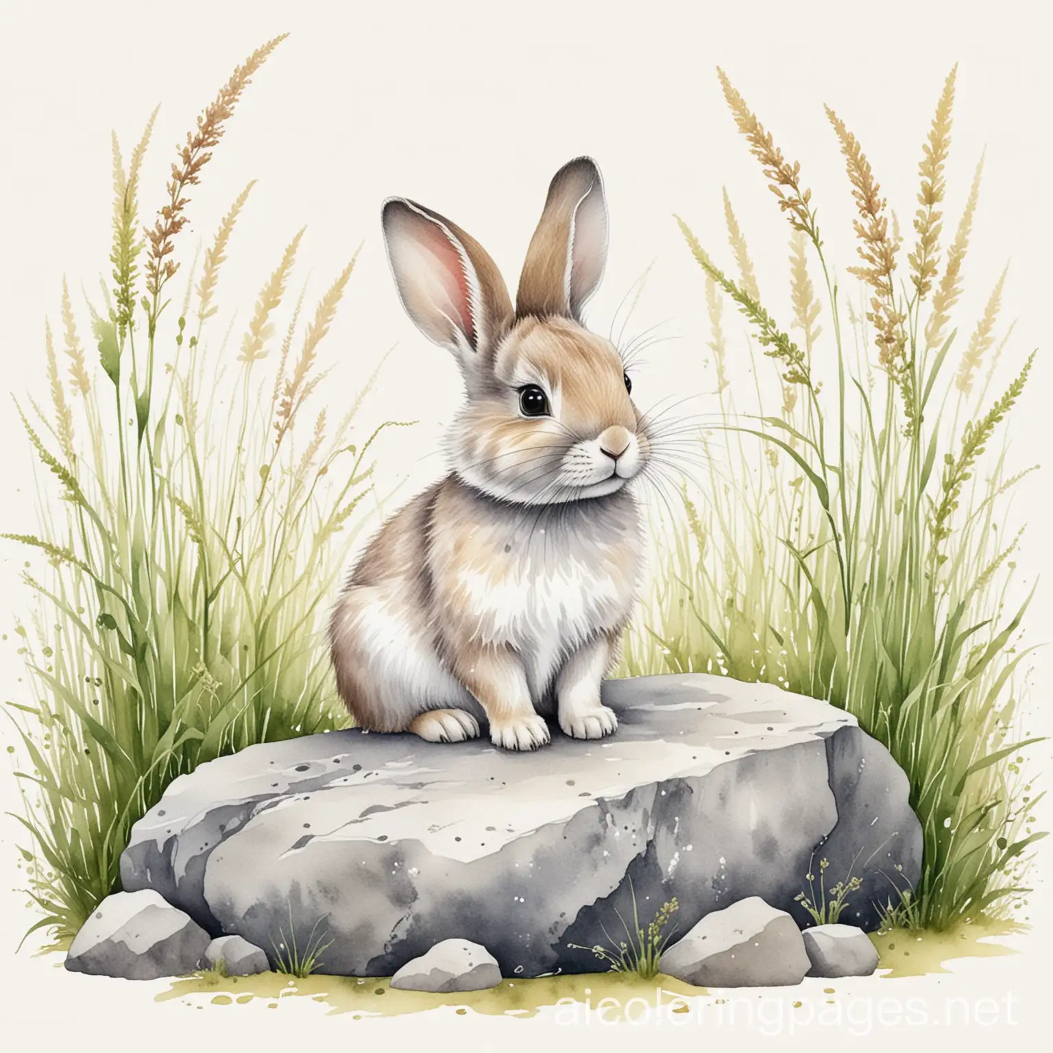 cute small rabbit siting on a small rock surrounded by grasses watercolour illustration, Coloring Page, black and white, line art, white background, Simplicity, Ample White Space. The background of the coloring page is plain white to make it easy for young children to color within the lines. The outlines of all the subjects are easy to distinguish, making it simple for kids to color without too much difficulty